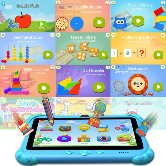 Ascrecem Kids Tablet 7 Inch Android Tablet for Kids with WiFi6 Dual Camera Bluetooth Parental Control Quad Core 2GB 32GB ROM Kids Software Toddler Children's Tablet for ages 3-7 years for girls boys (Blue)