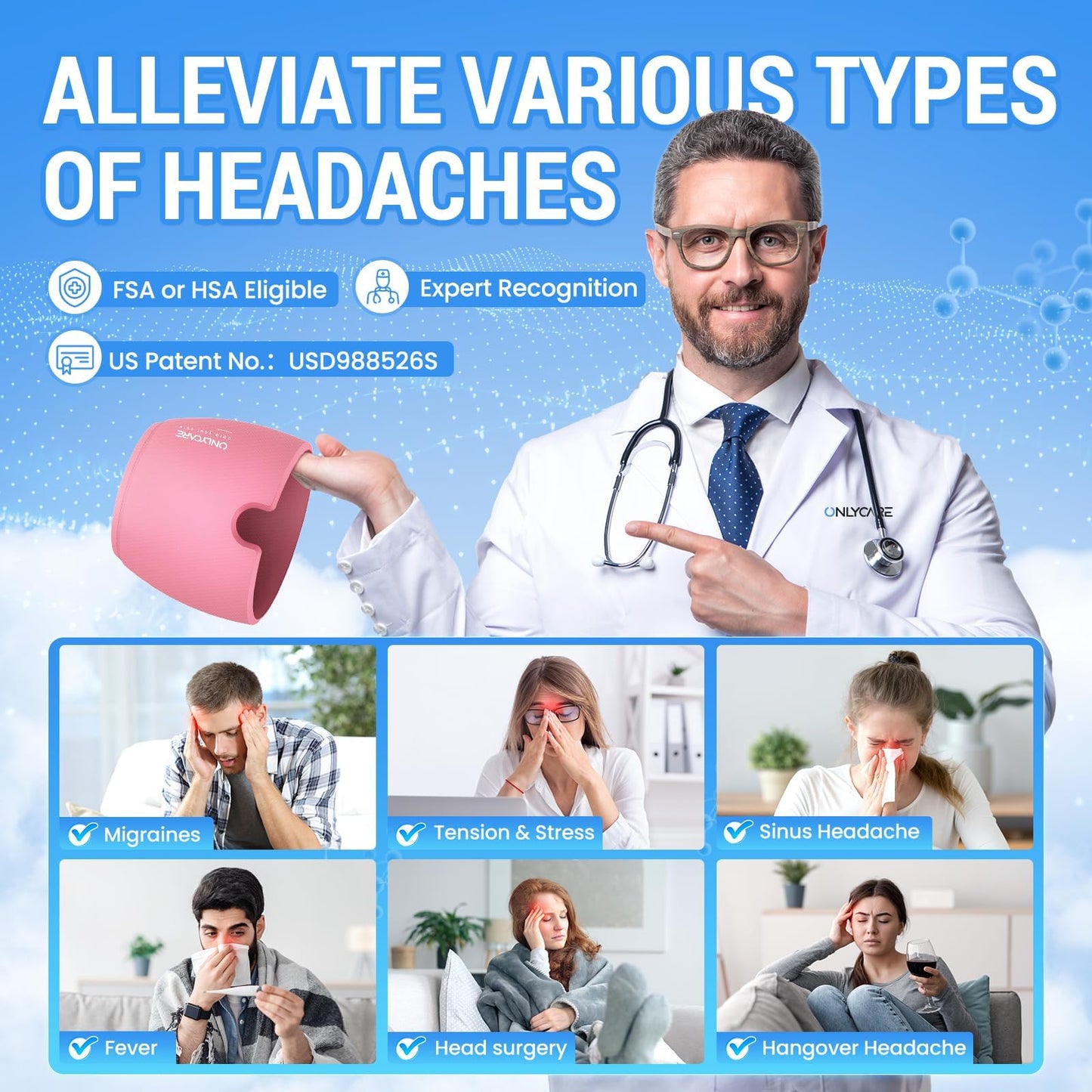 ONLYCARE Migraine Relief Cap, Headache Relief Hat Cooling Mask Cold Cap Headache Mask Cooling Cap Cooling Pads Gel for Migraine Relief (Pink)