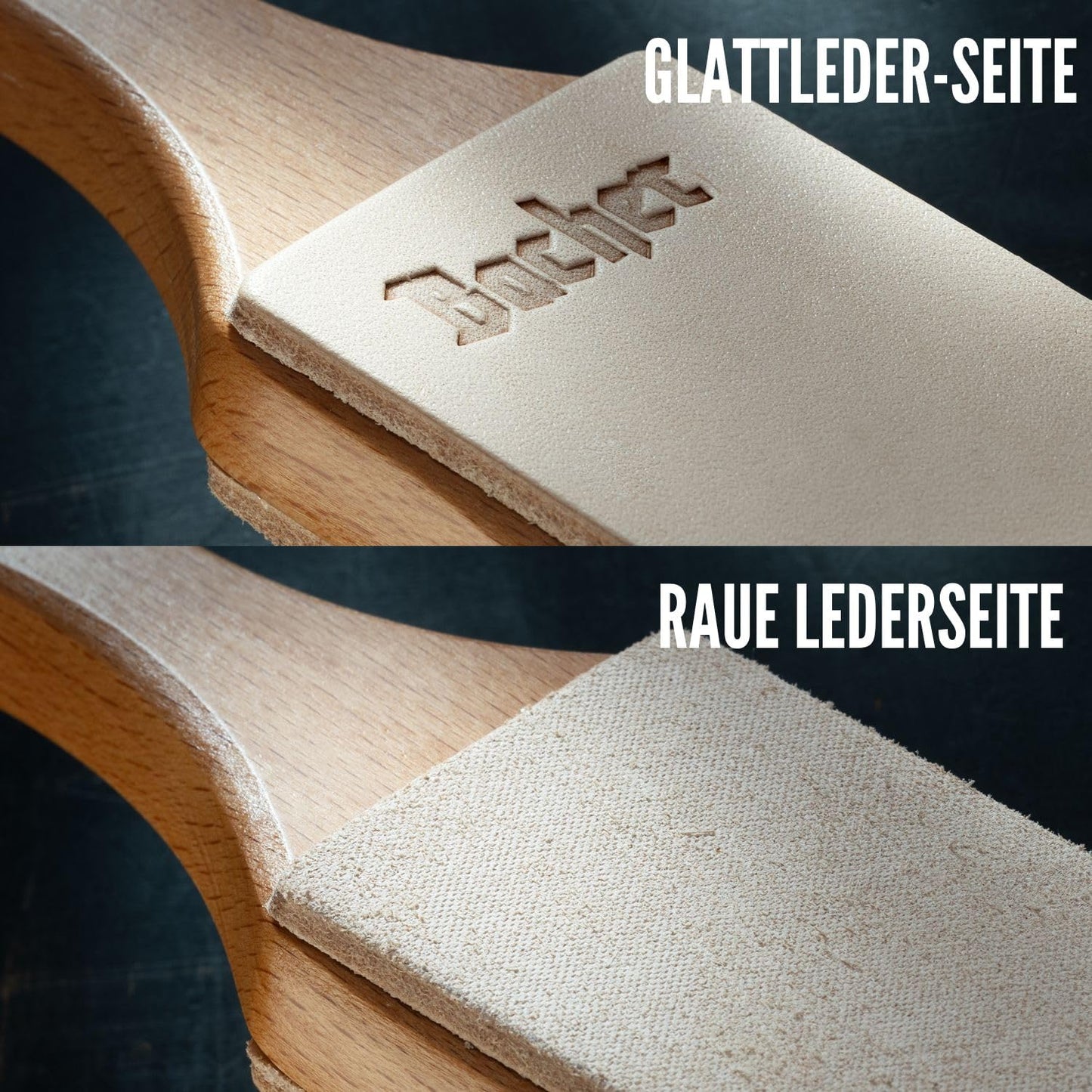 Bacher Premium Leather Strop Sharpening Tool for knives set with 4 x 7g polishing paste. Hardwood paddle handle, covered with 1/8" thick, bark-tanned cowhide.