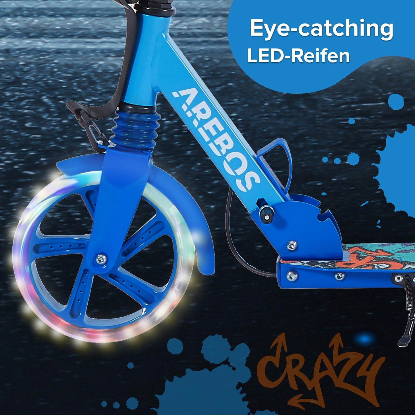 Arebos City scooter kick scooter blue adjustable in height | foldable | including carrying strap | LED wheels | hand-push brake | front-rear suspension | for kids & adults | supports up to 100kg | kick scooter