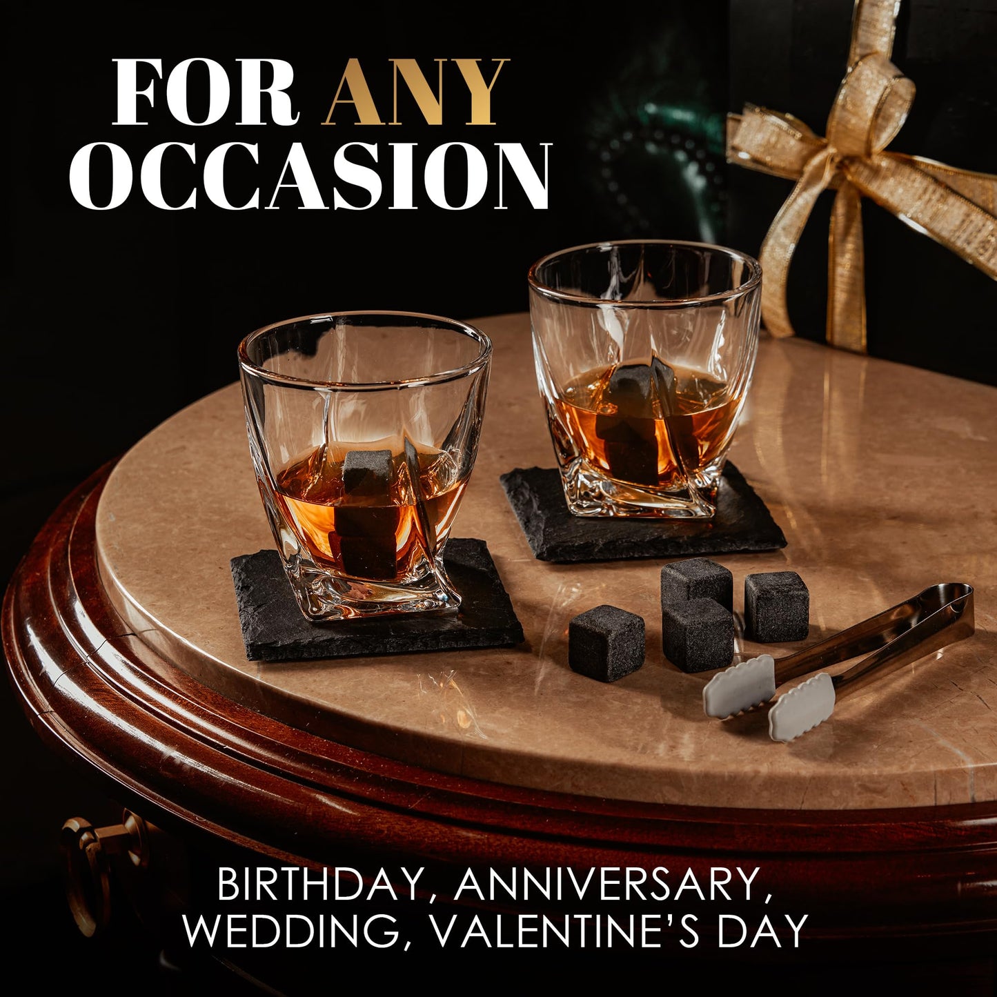 Whiskey gift set – Whiskey glasses, stones, ice tongs, coasters, wooden chest, velvet pouch, history and recipe cards – accessory set, gift for men, husband by Royal Reserve.