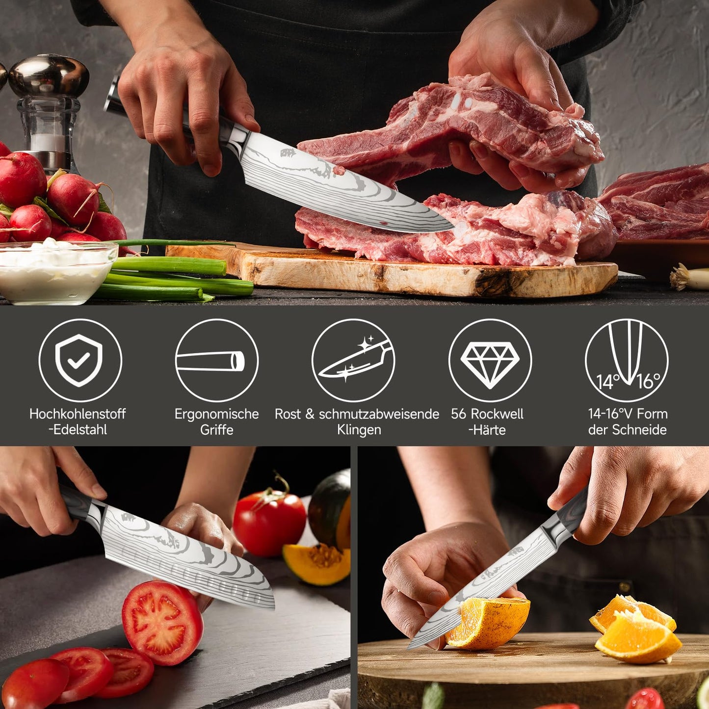 Gustrug knife set kitchen knife set 3 pieces with ergonomic handle, sharp knife set made of high-quality carbon stainless steel with chef's knife, Santoku knife, utility knife.