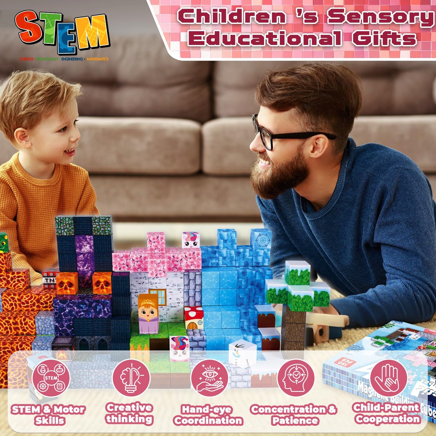 ToyUnited Magnetic Building Blocks 150 Pieces Magnet Blocks "Dragon Adventure" - Fantasy world with volcano, knights & magical cherry blossoms, toy for kids ages 4 5 6 7 8 9 years