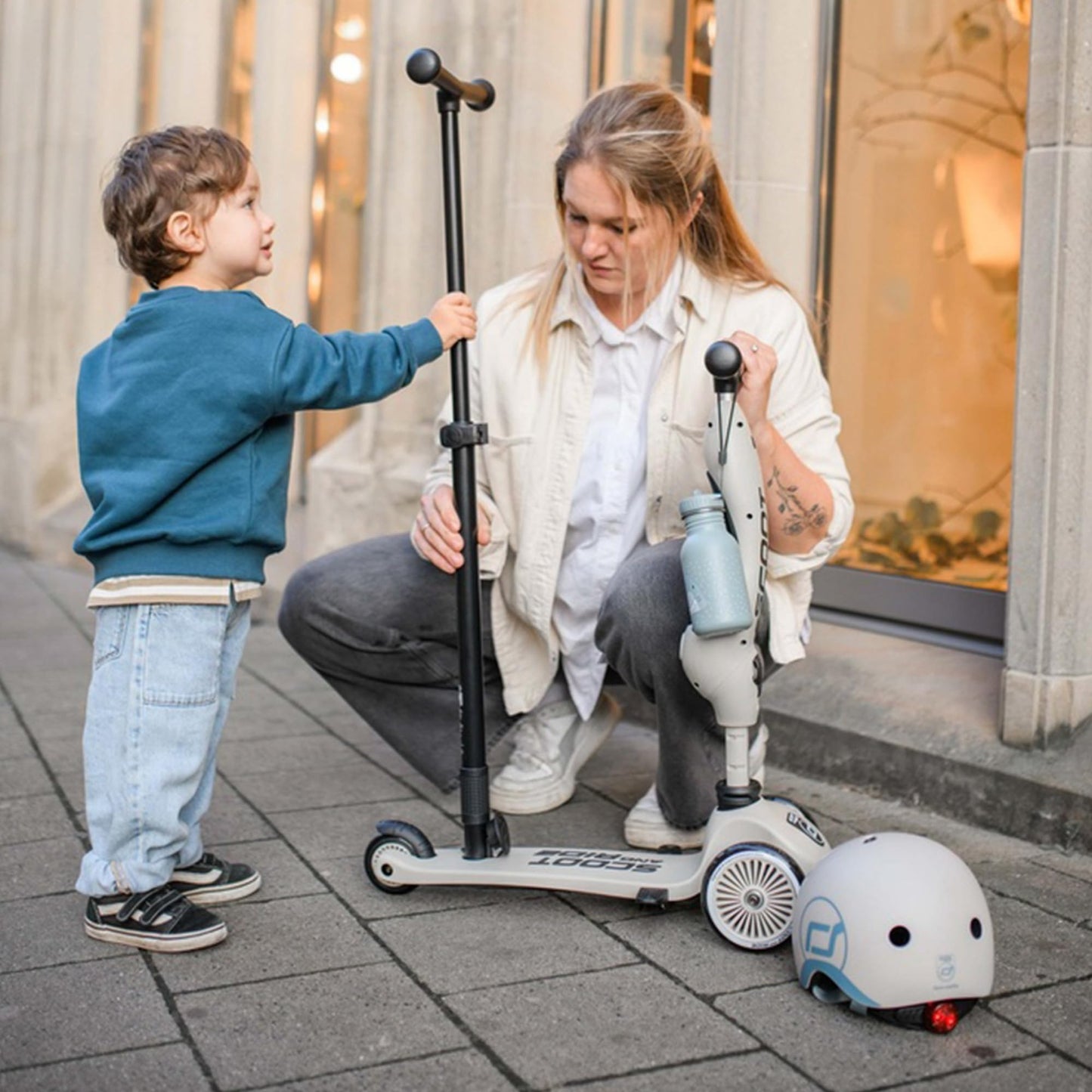 Scoot & Ride Highwaykick 1 Push and Go - 2in1 scooter & balance bike with push bar, adjustable height, for ages 1+, includes safety pad & footrests, color: Ash.