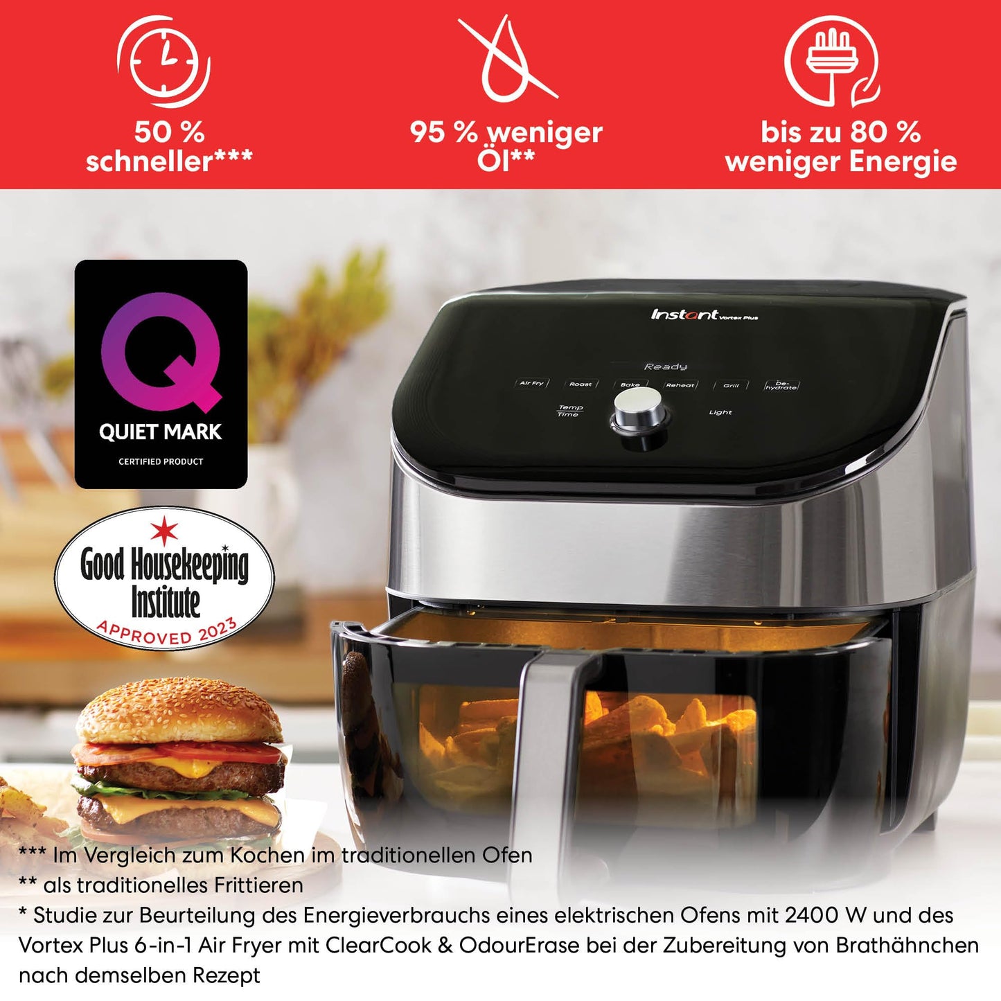 Instant Vortex Plus with ClearCook - 5.7L Digital Healthy Air Fryer, Stainless Steel, 6-in-1 Smart Programs - Fry, Bake, Roast, Grill, Dehydrate, Reheat, Large Capacity - 1700W