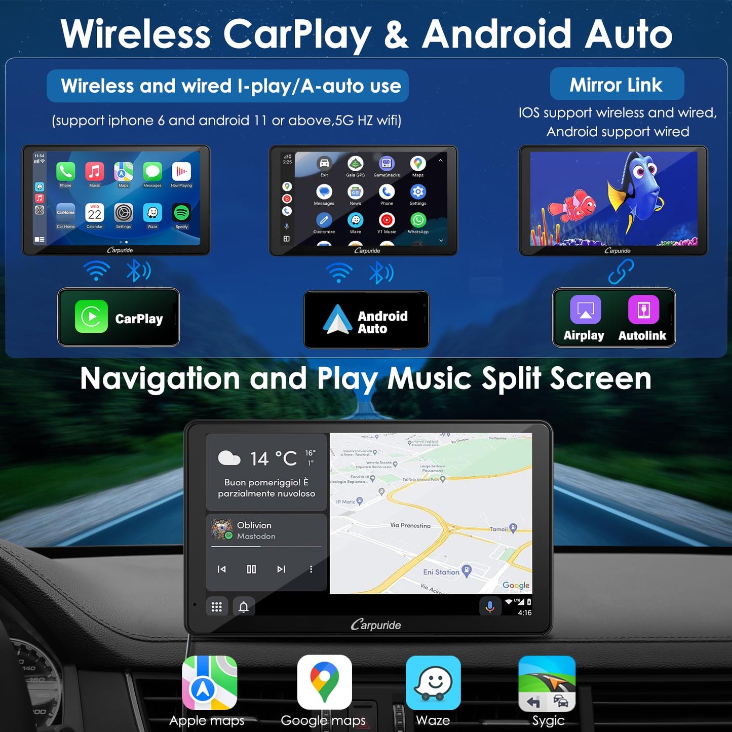 Carpuride Wireless Carplay & Android Auto, 7-inch touchscreen digital media car radio receiver, portable car radio with backup camera, mirror link, Bluetooth, GPS, AUX, FM