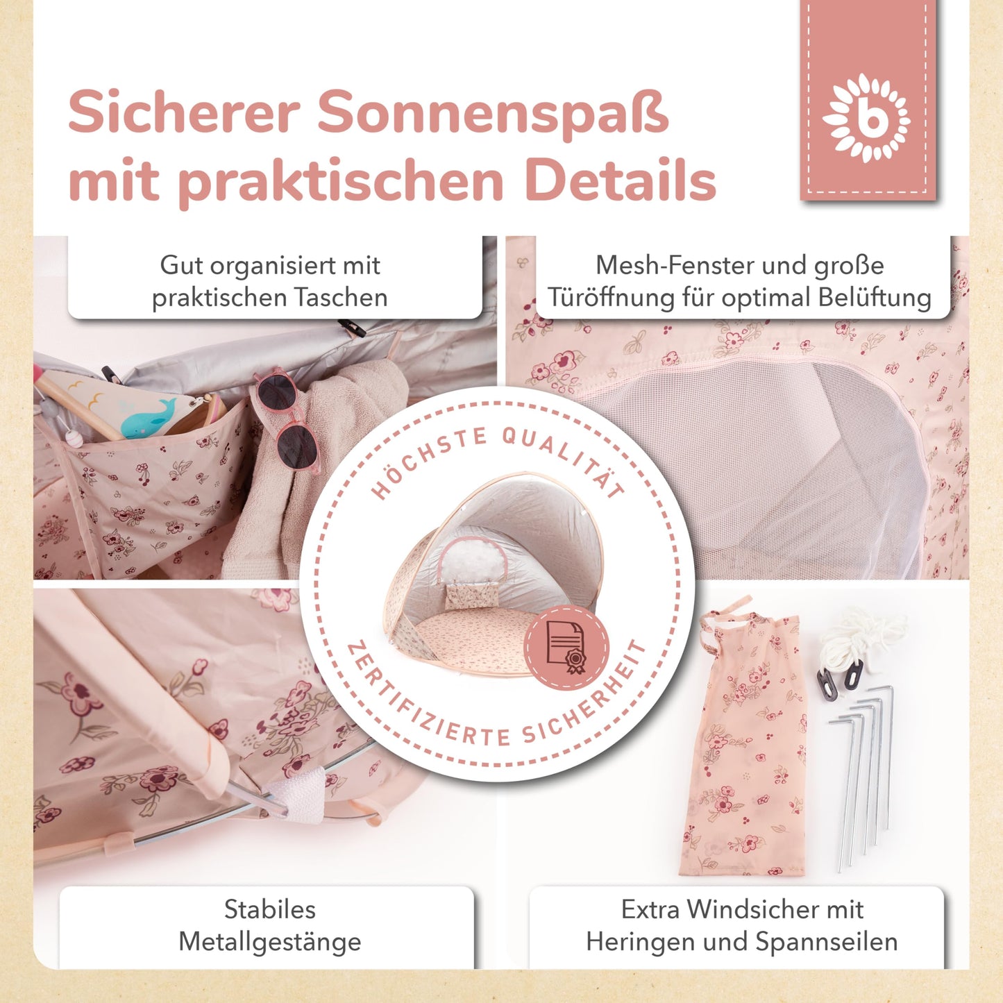 Bieco Ella Pop-up Beach Shelter Dreamy Flowers | UV 40+ protection | Pop-up beach shelter baby beach accessory sun protection beach tent travel sun protection beach tent