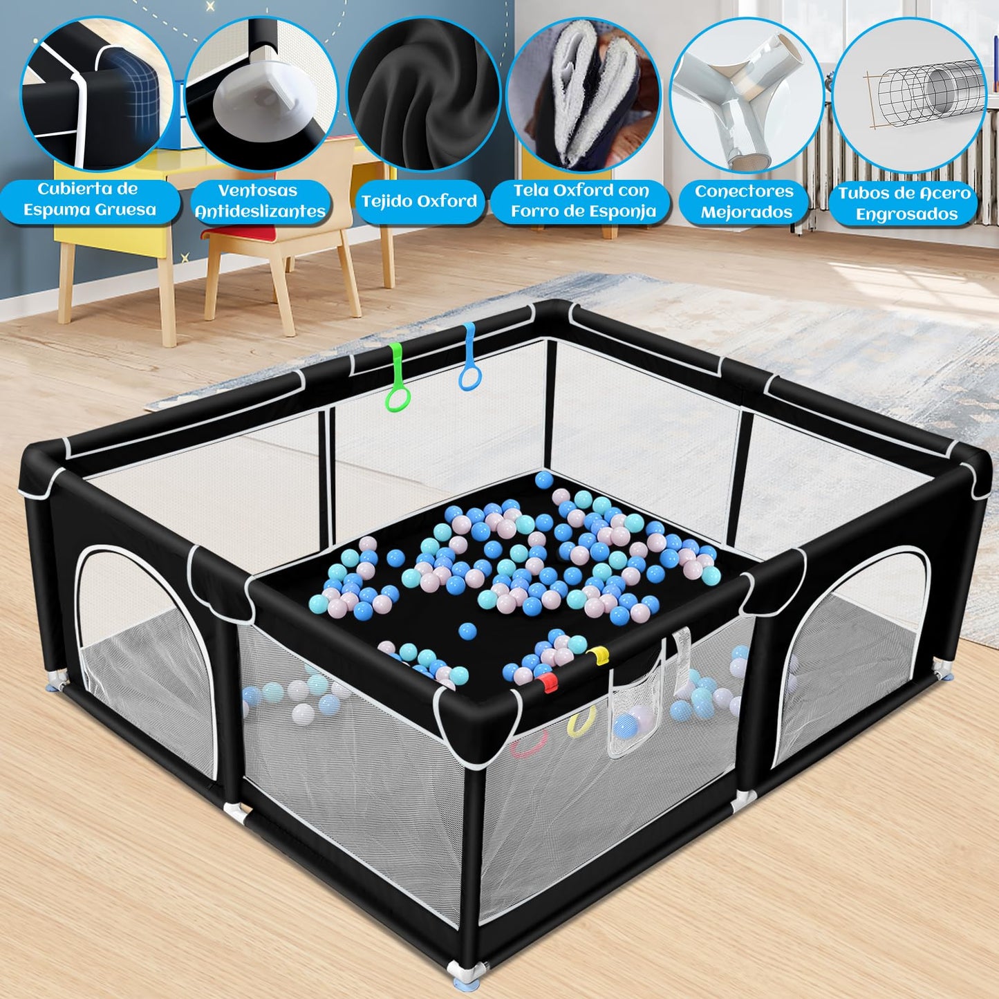 Wholede baby playpen, 150 x 180 x 66 cm, with breathable mesh fabric, includes 4 rings and 50 ocean balls.