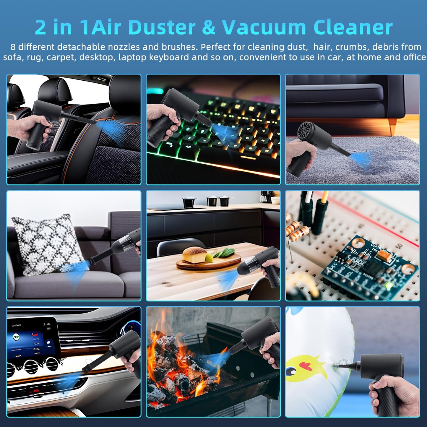 McBazel 2 in 1 Electric Air Duster Keyboard Cleaner, Rechargeable Handheld Vacuum with Power Indicator 43000/47000/51000rpm Speed/8 Nozzles & Brush for Office/Car/Sofa
