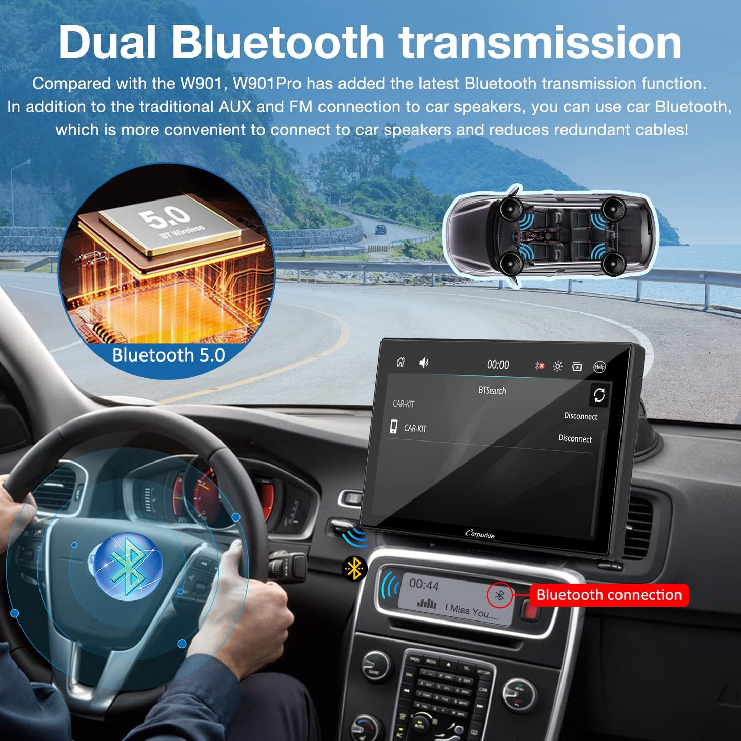 2024 Carpuride W901 Pro Wireless Bluetooth Transmission Portable Carplay & Android Auto Car Radio, 9 Inch 1080P Touchscreen with Mirroring, Supports Truck Dashboard Mounting.