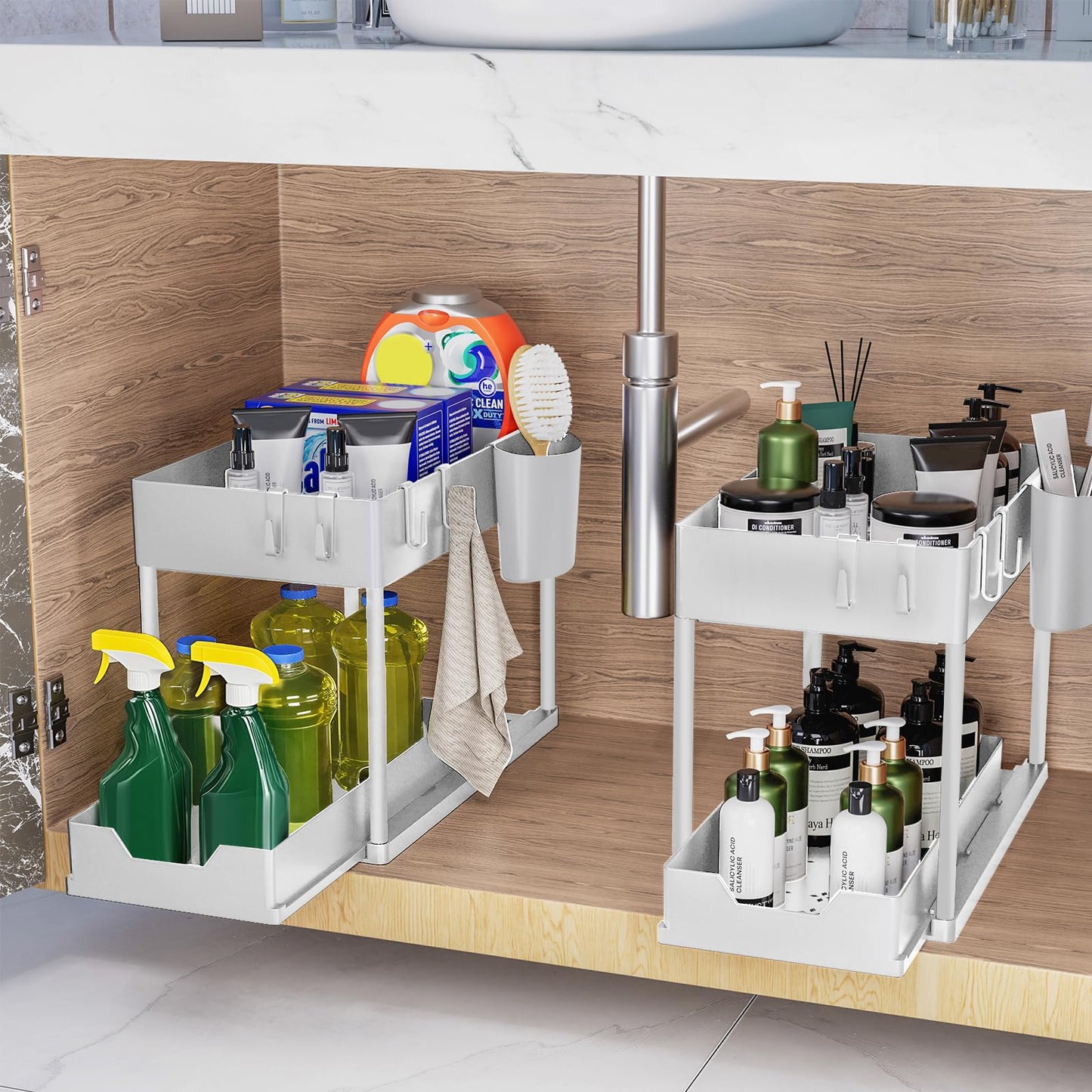 Puricon Under Sink Shelf, 2 Tier Standing Rack Kitchen Countertop Organizer, Multifunctional Kitchen Shelf Spice Rack Under Cabinet Shelf Sink Cabinet Rack - Grey