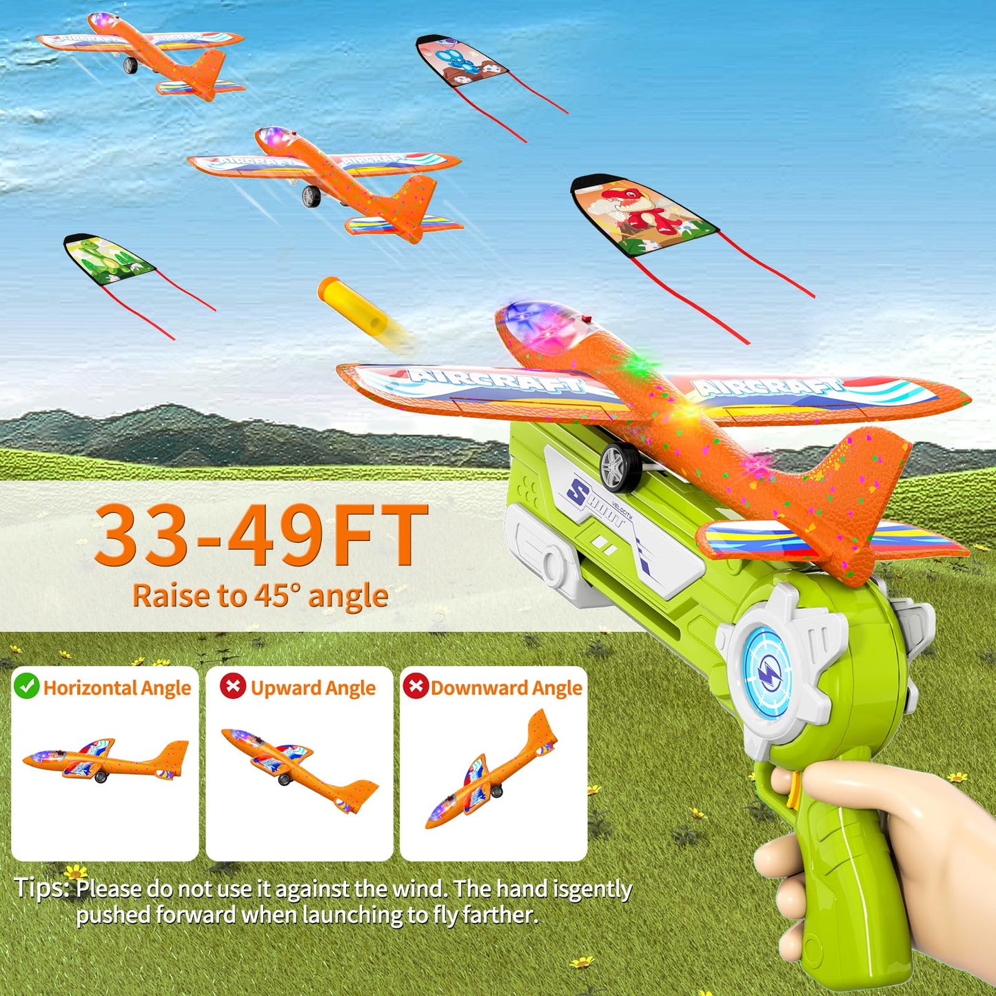 Doloowee 4 IN 1 Airplane Launcher Toy, LED Foam Glider Aircraft Catapult, 3 Flight Modes, Outdoor Sport Flying Toy for 3-12 Year Old Boys Girls Birthday Gifts (Blue+Green)