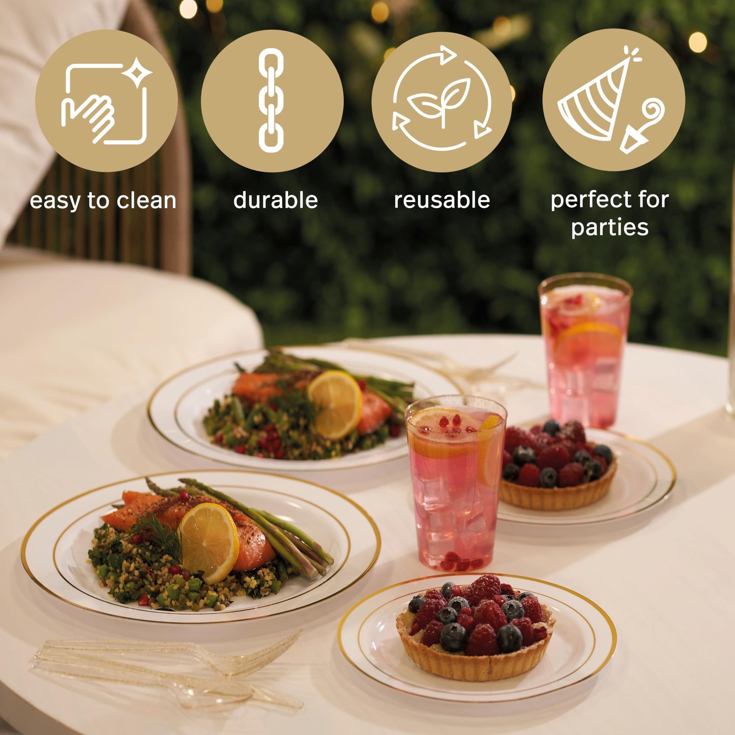 MATANA 150 Piece Reusable Party Tableware Set in White & Gold for 25 Guests - 25 Plastic Plates, 25 Dessert Plates, 25 Spoons, 25 Forks, 25 Knives, & 25 Party Cups - Weddings, Birthdays & Parties