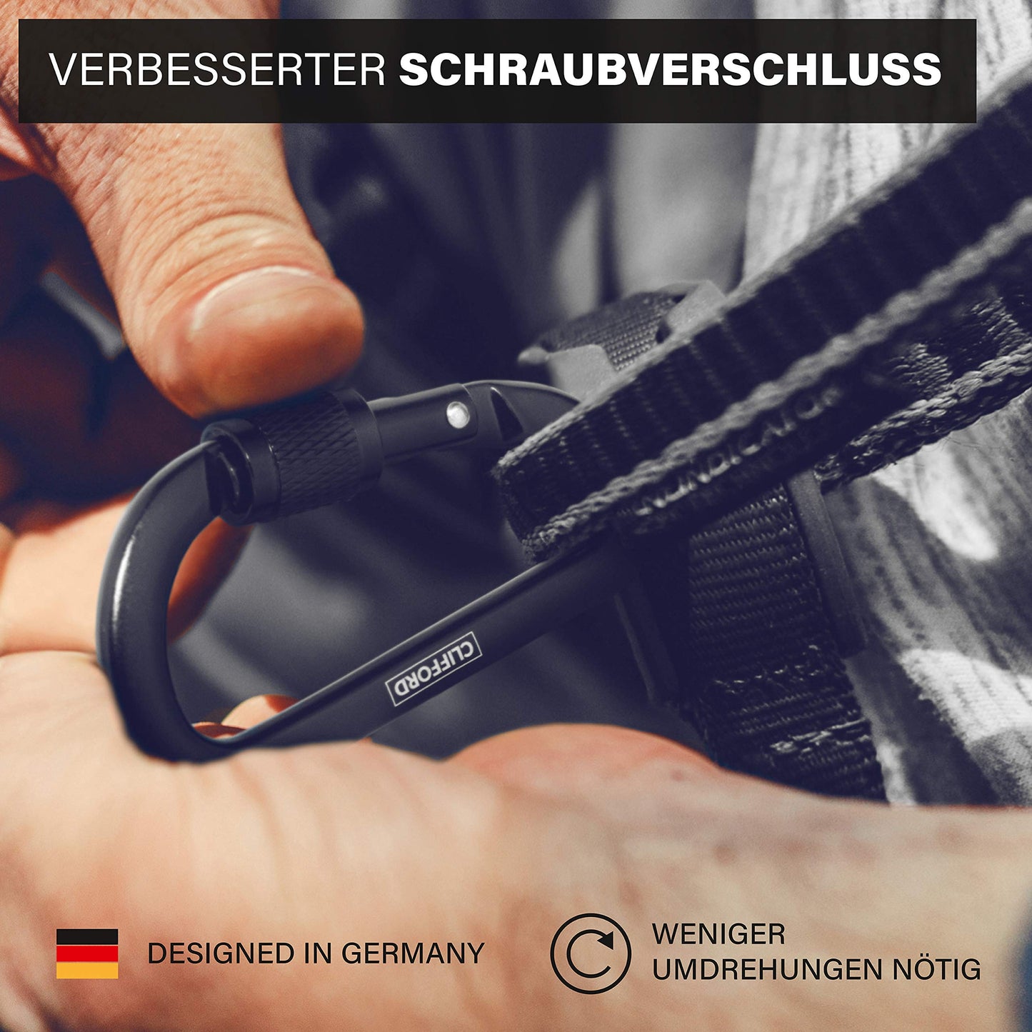 CLIFFORD Mini carabiner I 120 kg load capacity I Carabiner keychain made of durable aluminum 6082 I Key carabiner I Small black carabiner hook for keychain, key rings, camping.