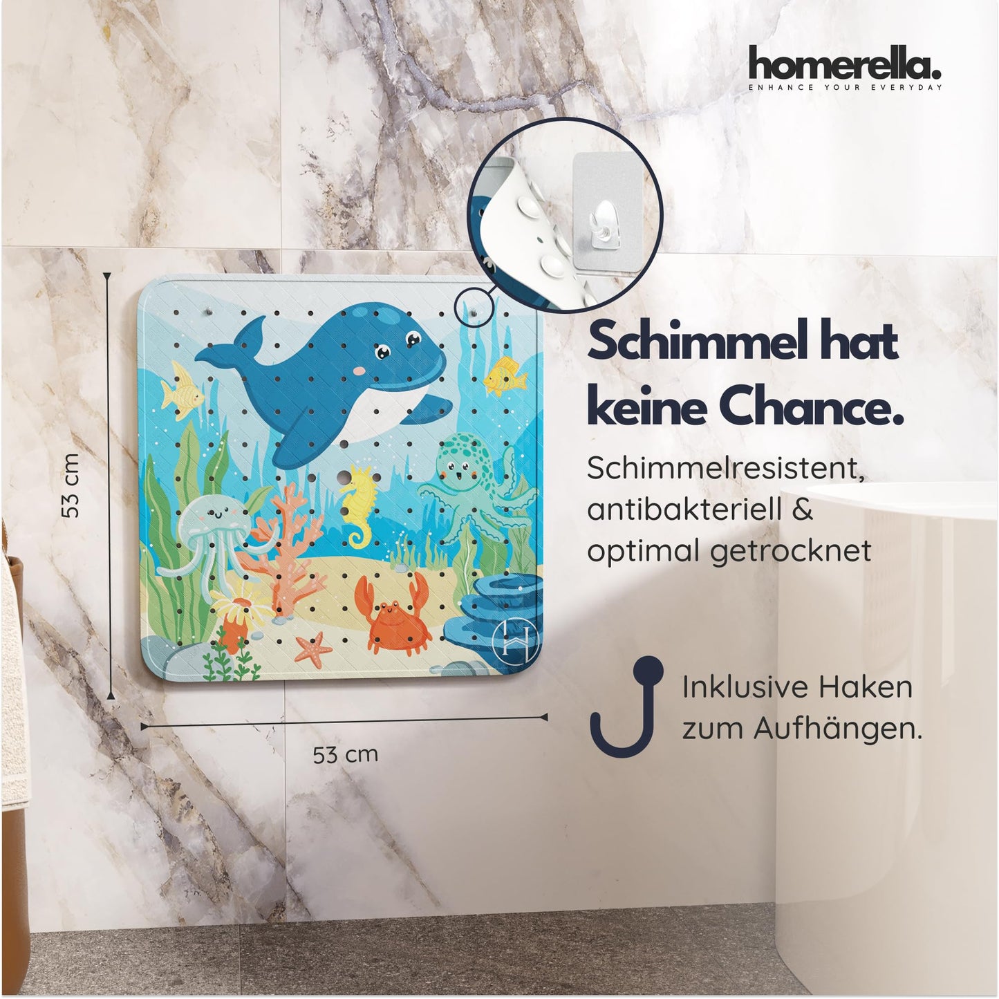 homerellaยฉ non-slip shower mat 53x53cm, WITH HANGING HOOK, shower anti-slip mat, mold-resistant & washable, shower tray insert, shower mat, shower non-slip mat, shower mats, non-slip bath mat