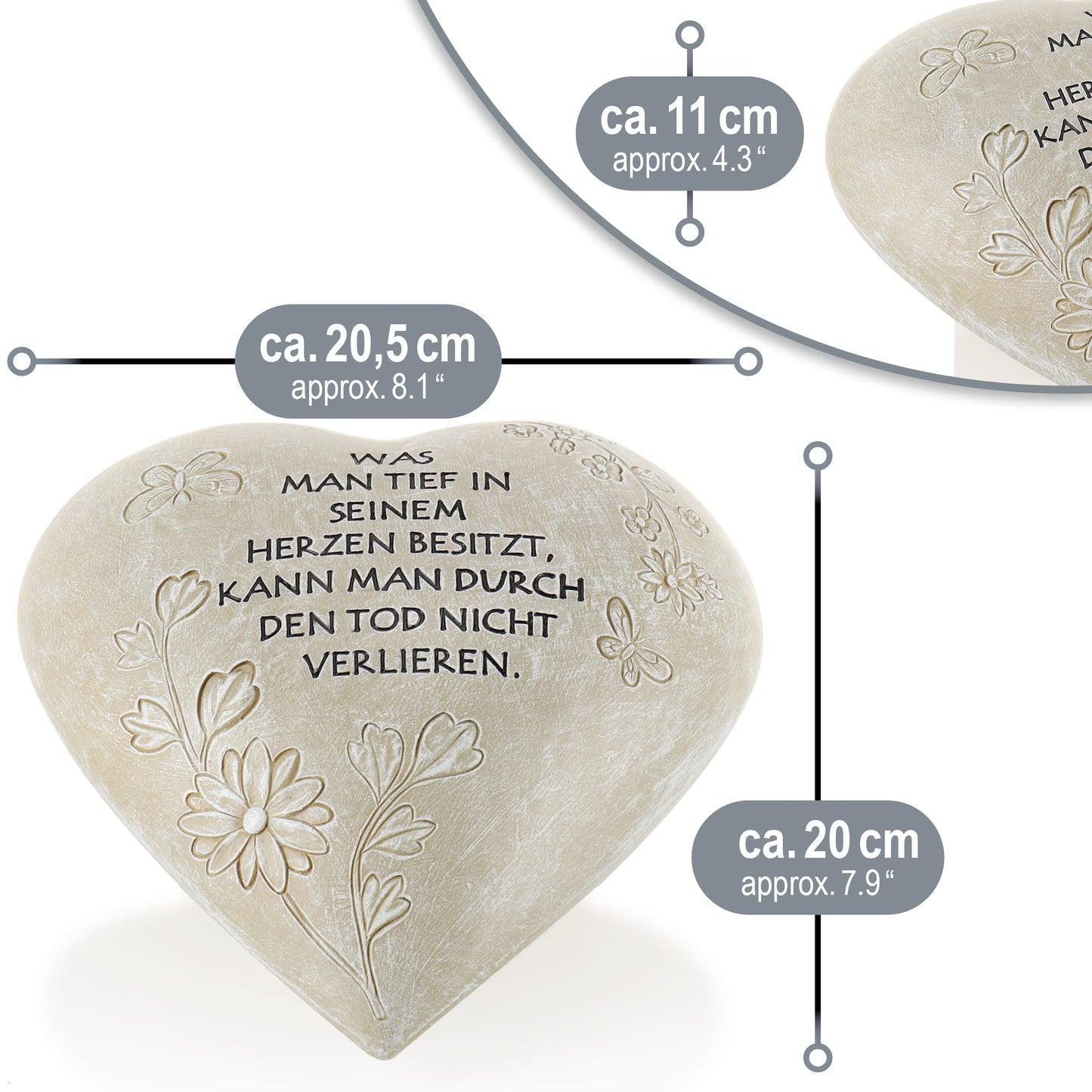com-four® grave decoration in heart shape - weatherproof grave ornament with butterflies - memorial stone with inscription - adorned memorial stone with remembrance saying