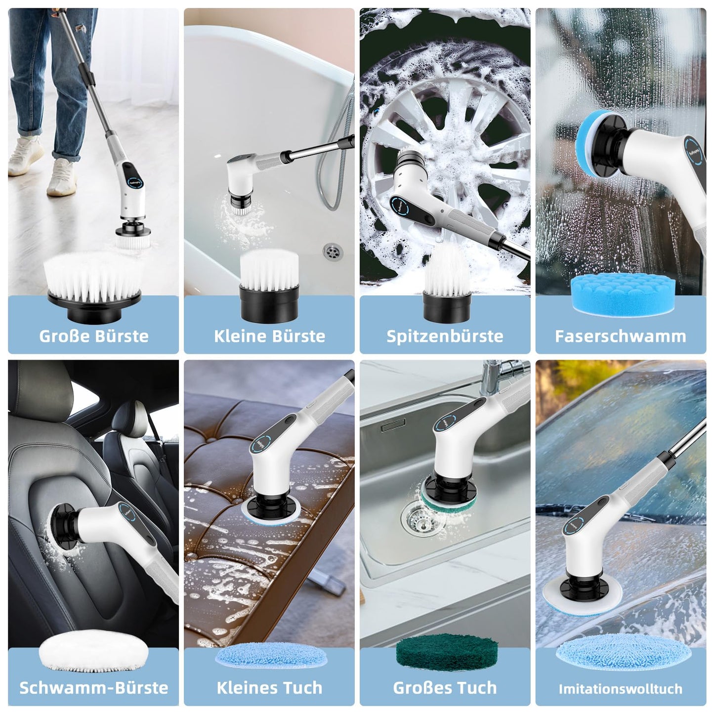 Electric cleaning brush, 8 in 1 with interchangeable brush heads, mop set, adjustable handle for bathroom, kitchen, car, and floors.