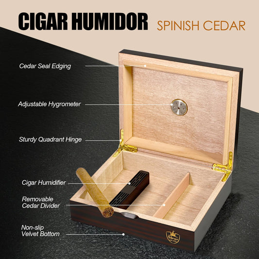Slege Cigar Humidors, Humidor cigars, Spanish Cedar Wood Cigar Box, with Humidor humidifier, Hygrometer, Divider, single layer, Men's Gift Cigar Accessories (10-30 cigars)