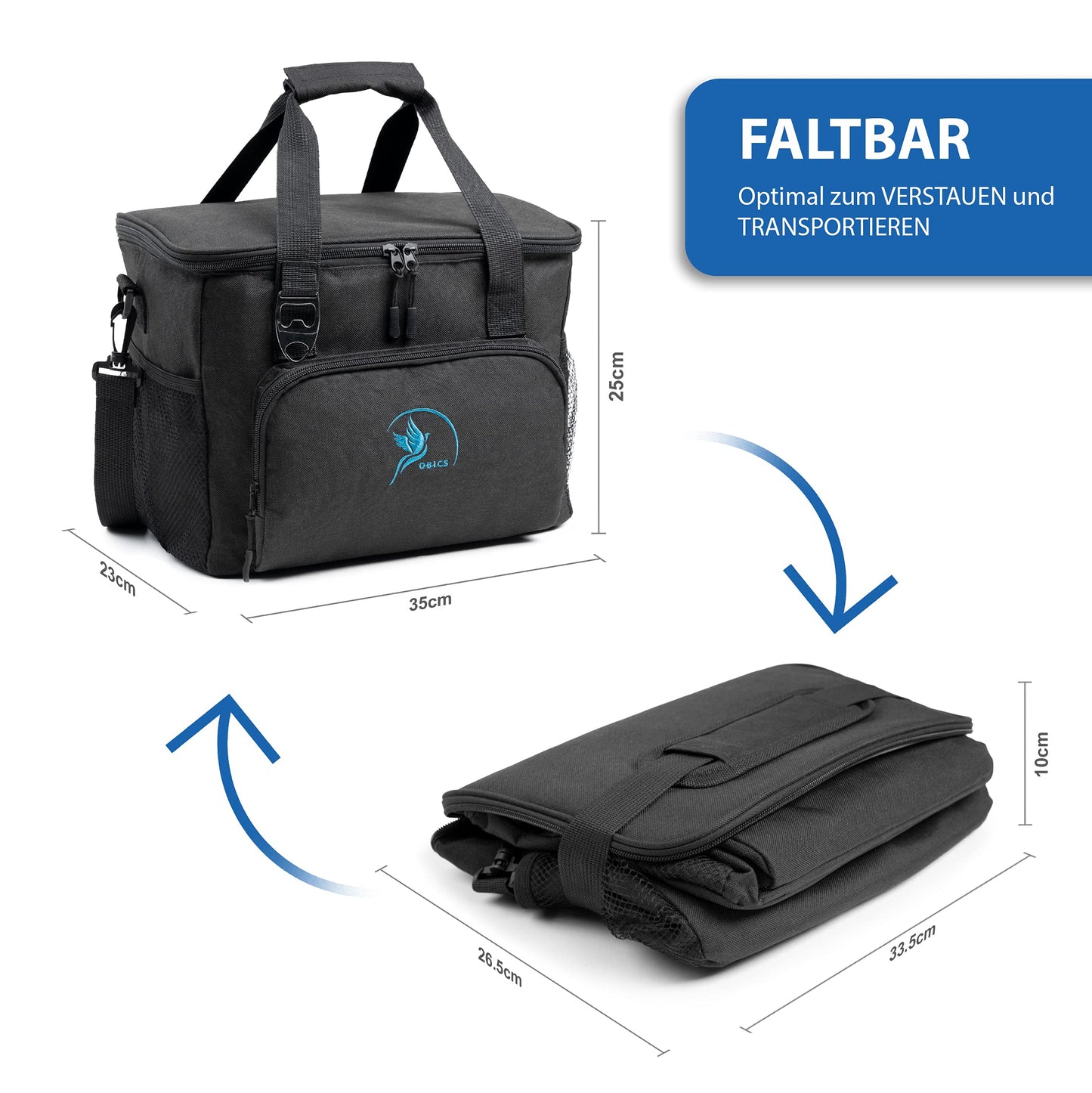 Obics small cooler bag 20l portable cooler with cooling pack - insulated freezer bag black without electricity passive picnic bag - thermal bag food bag camping, car & bike insulated lunch bag
