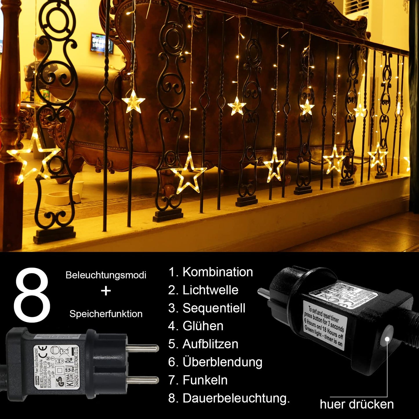 12 Star LED String Lights, Curtain Light Christmas Lights Star Curtain 138 LEDs 8 Modes for Indoor Outdoor, Christmas, Party, Decor, Wedding, Garden, Balcony