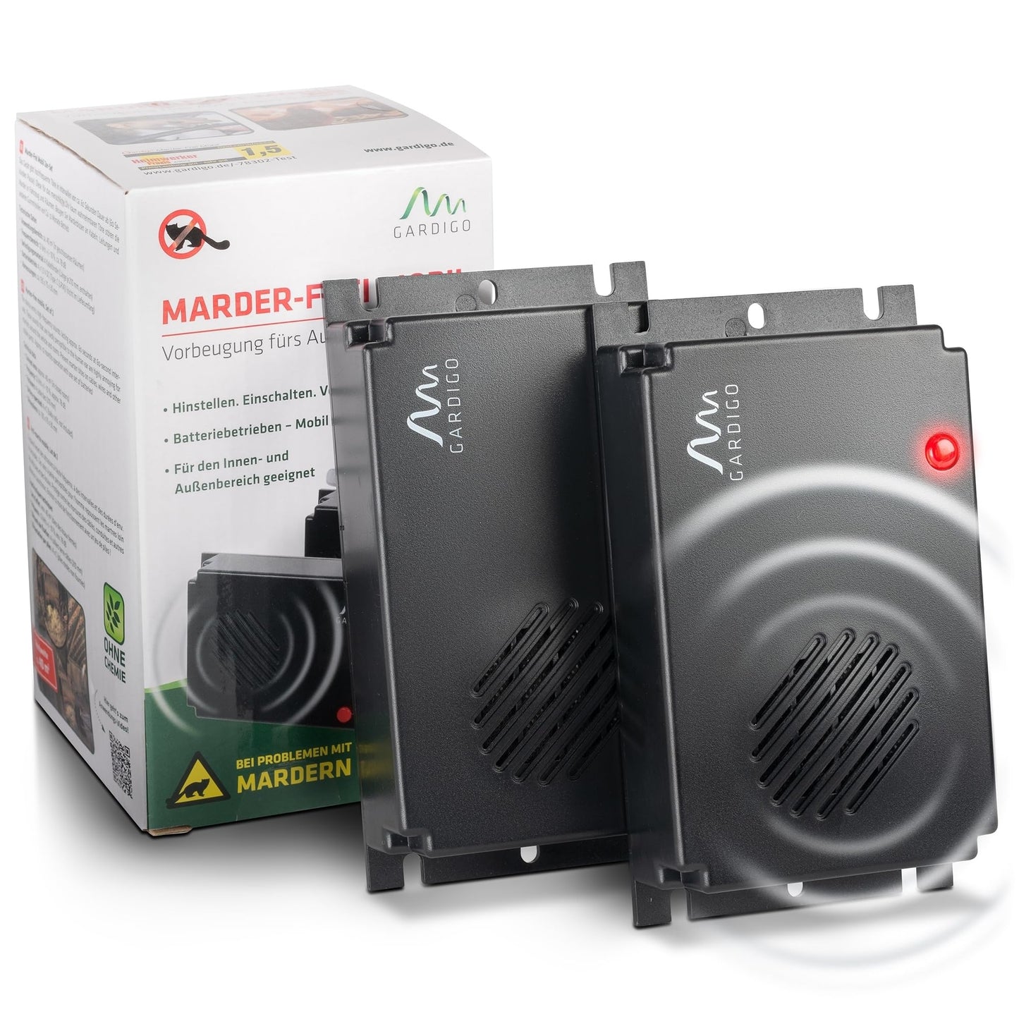 Gardigo® Marder-Repellent Mobil - 2 pack | Car Marder Repellent | Ultrasonic Marder Deterrent | Battery Operated Car Marder Repellent | Marder Protection for Vehicles, Engine Compartment, Attic, House, Garden