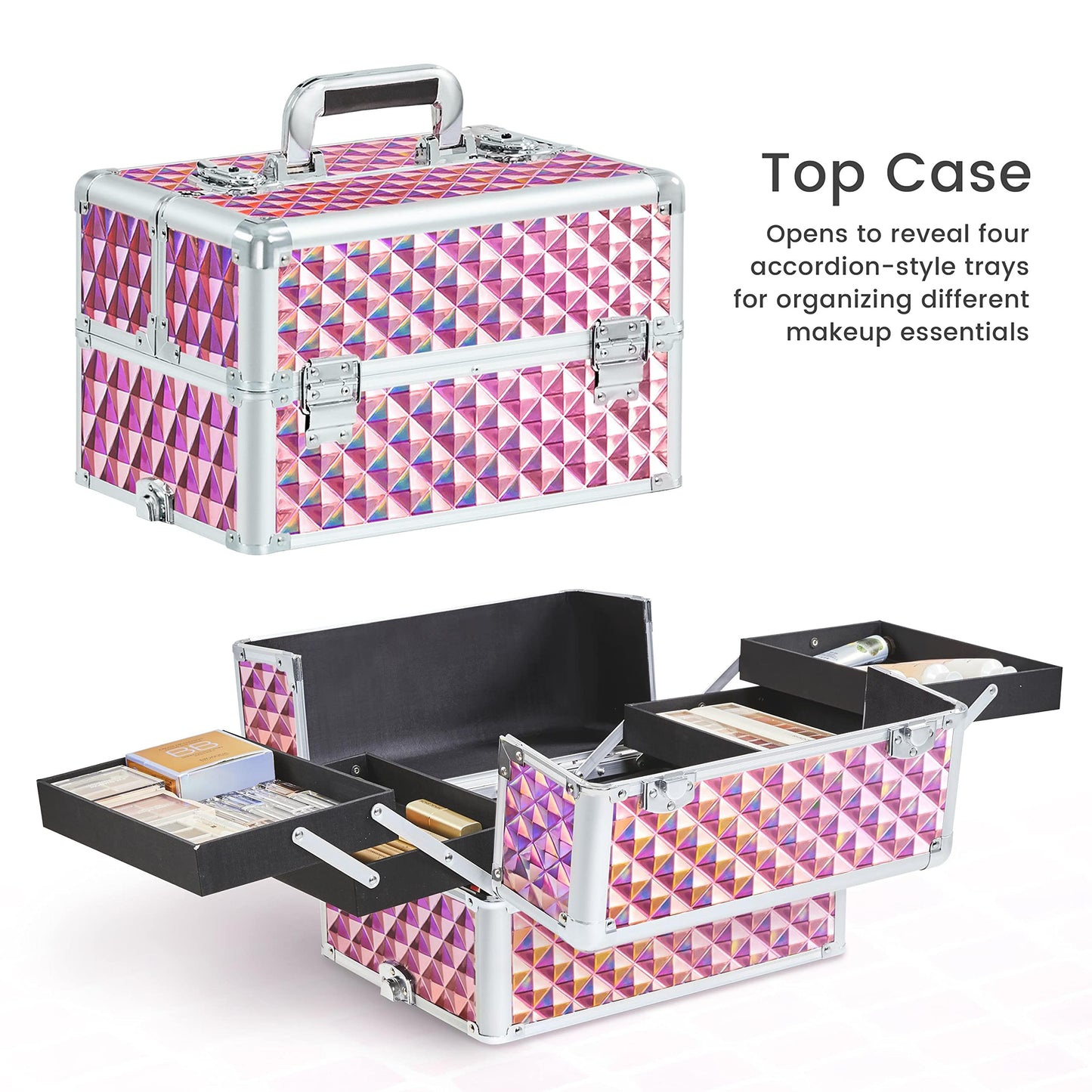 Yaheetech 4-in-1 Cosmetic Case, Trolley Makeup Case, Large Beauty Case, Lockable Multifunctional Hairdressing Case with Wheels and Drawer, Glittery Pink