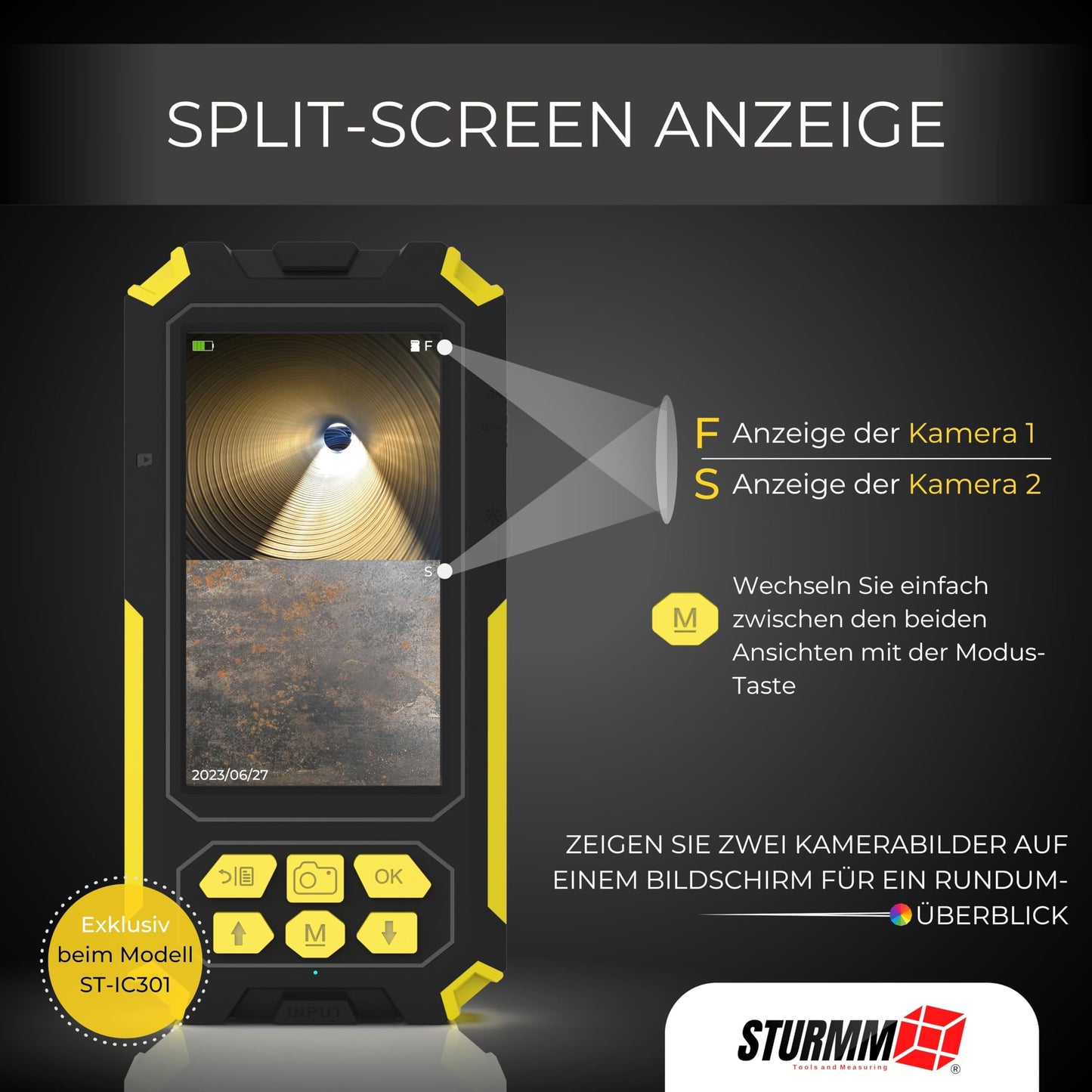 Industrial endoscope with dual camera, 10-meter cable, and 4.5-inch IPS display.