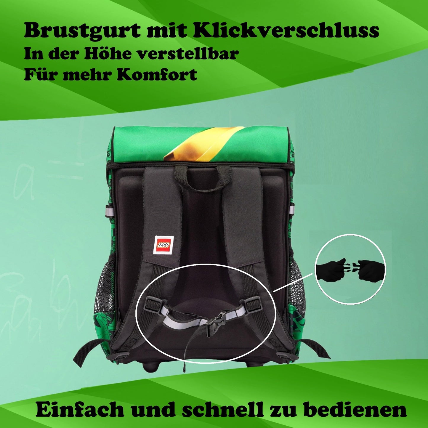 Familando Ninjago school bag set for boys - with sports bag, lunch box, and bottle - ergonomically stable, light at 790g, 16L volume - chest strap, reflectors, rain cover - complete set for 1st grade elementary school.
