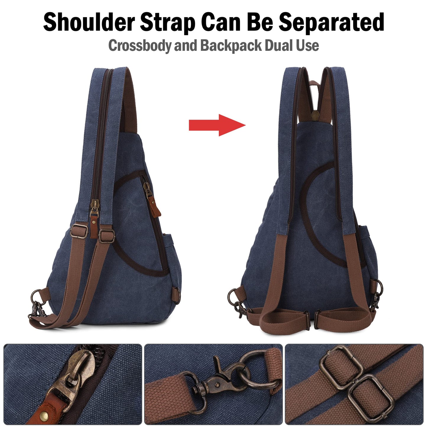 VARLIVOO Retro Men's Sling Bag Women's Crossbody Bag Shoulder Bag Travel Camping Cycling Hiking School Canvas Sling Backpack Navy Blue