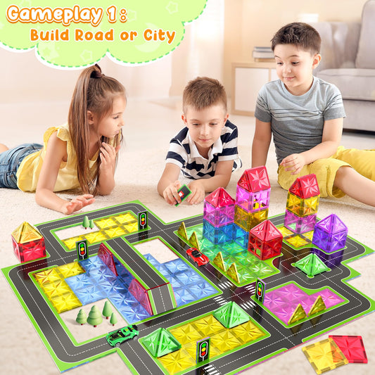 Perbabe Magnetic Building Blocks, 72 Piece Magnets Kids Stronger Magnetic Building Blocks, Magnetic Tiles City Streets Set with 2 Cars Magnetic Game for 3 4 5 6 7 8 Years Preschool Learning