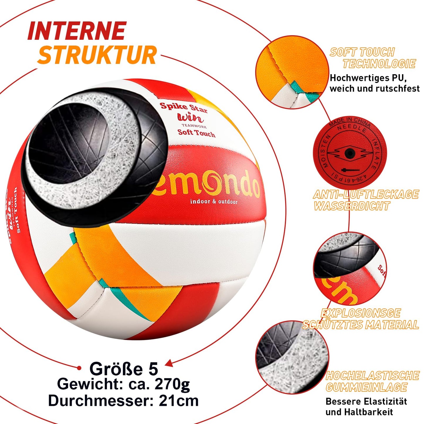 Lemondo volleyball red yellow PU leather soft design official size 5 waterproof beach volleyball beach sport indoor outdoor summer gift (with pump)