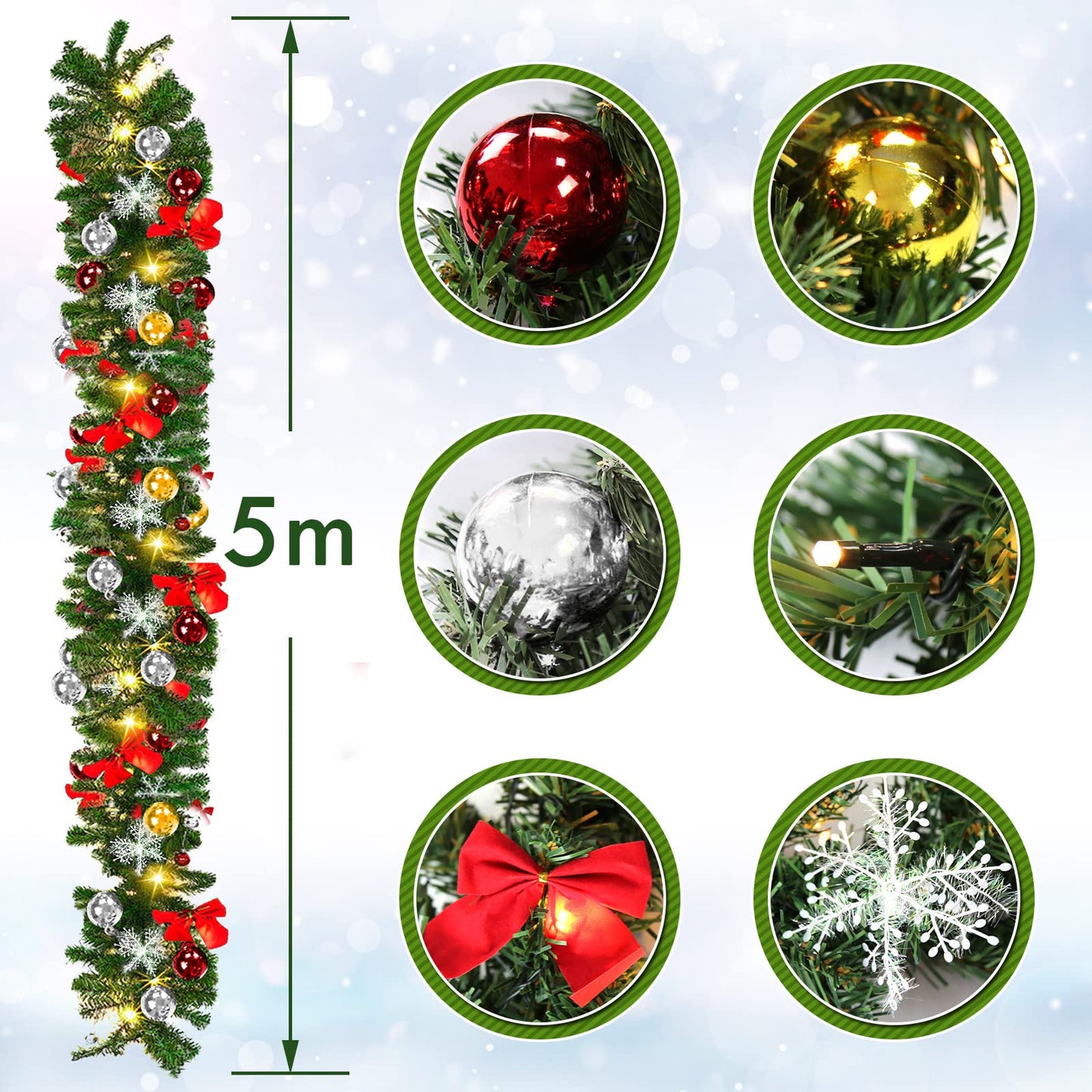 Cecaylie Pine Garland 5M, Christmas Garland green with 100 LED lights, Warm White, for indoor decoration fireplace staircase wall door outside, Artificial Pine Garland