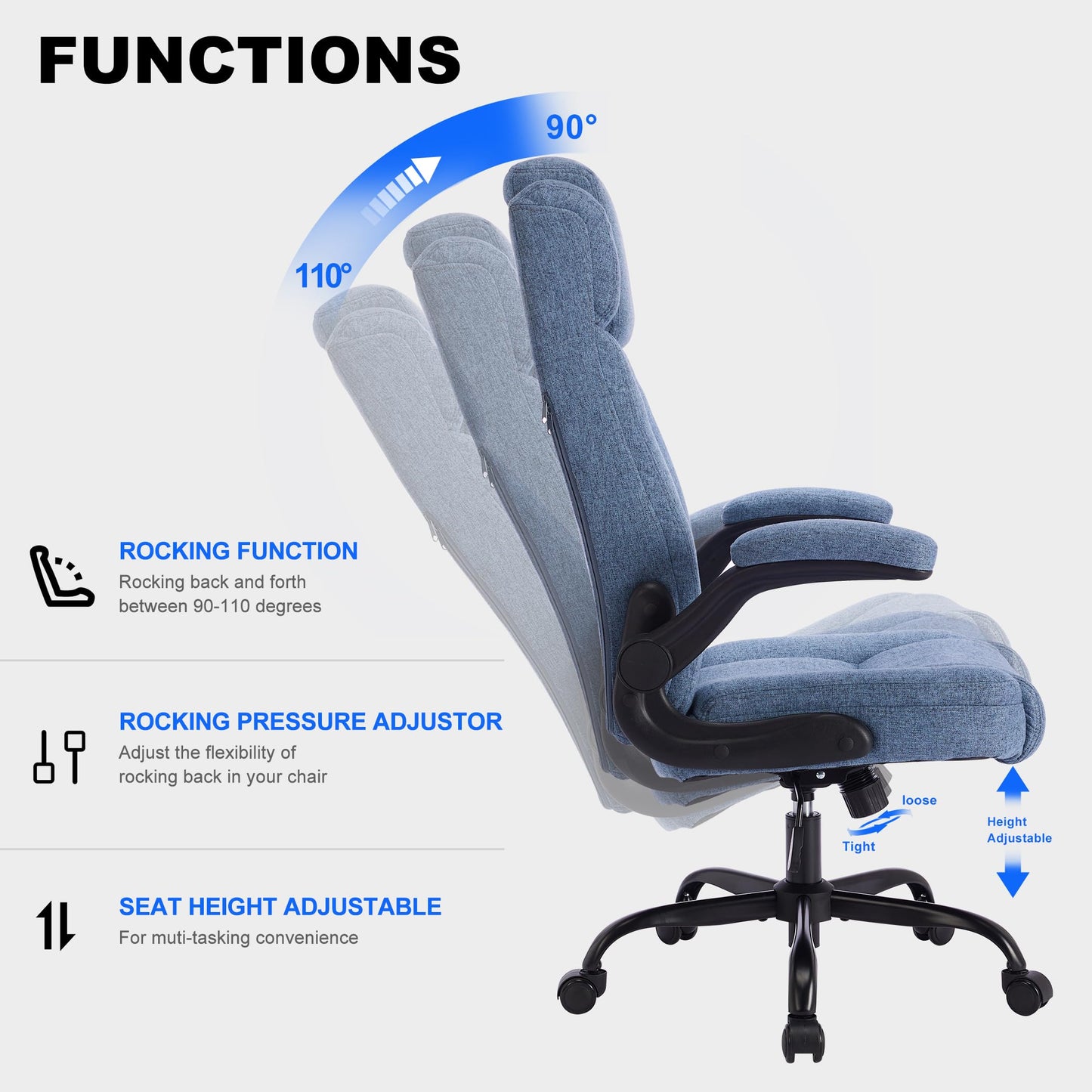 LIYURUI office chair with 150KG capacity, ergonomic design, adjustable headrest, fabric upholstery, swivel wheels, flip-up armrests, and 110° tilt function.