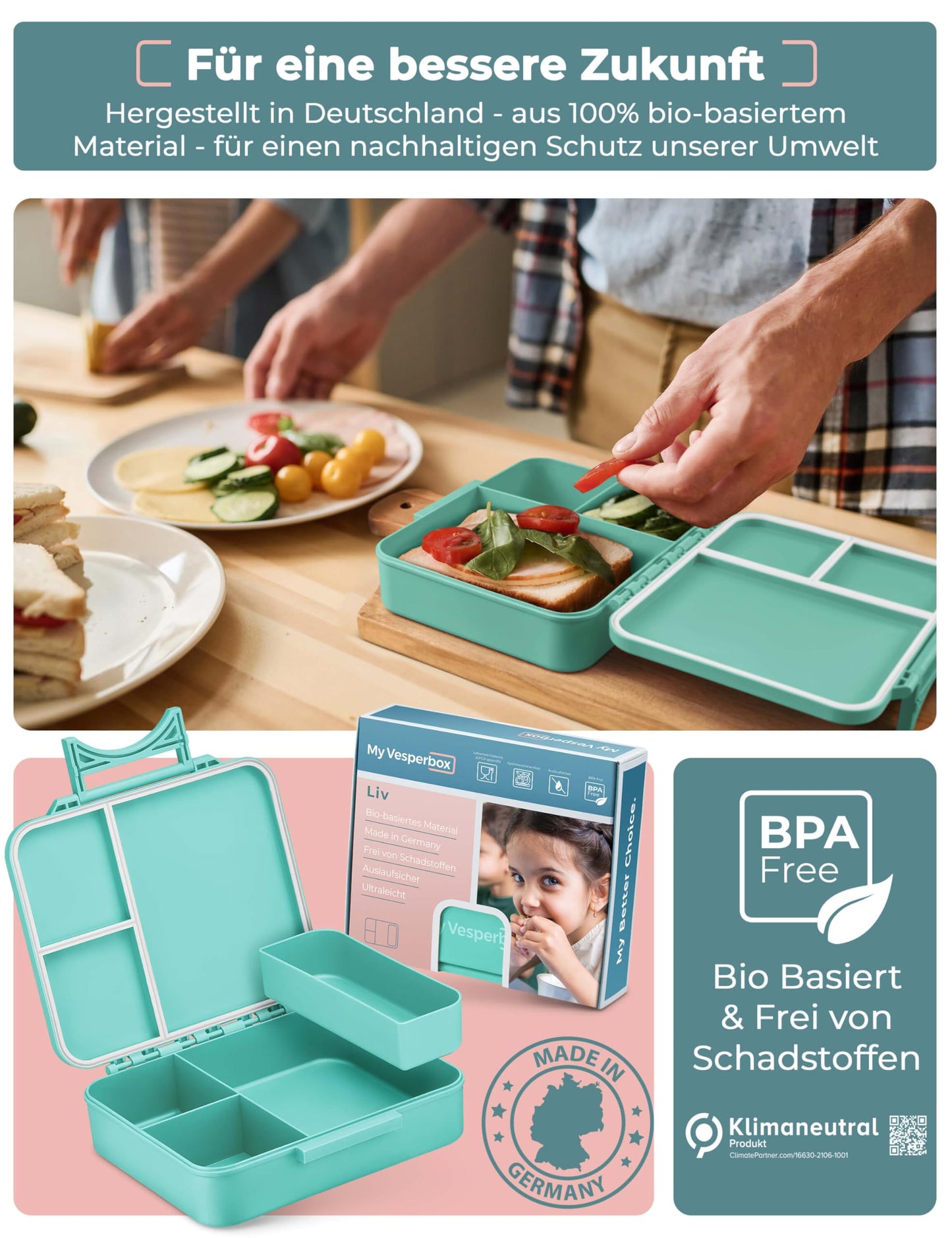 My Vesperbox - LIV - Bento Box for Kids - Made in Germany - Biobased - Leakproof & Divided - BPA Free - Extremely Durable - Lunchbox - Bento Box with Compartments - Snack Box.