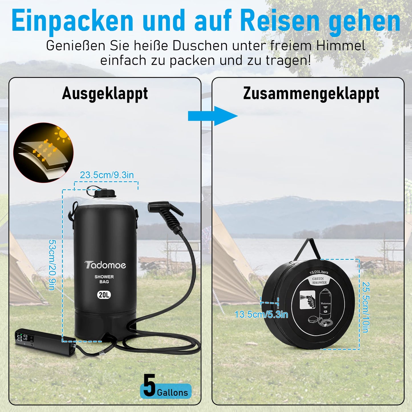 Tadomoe camping shower, 20 liter solar shower with portable shower pump, portable shower camping bag with convenient nozzle, temperature display, hot water solar shower for camping beach hiking travel.