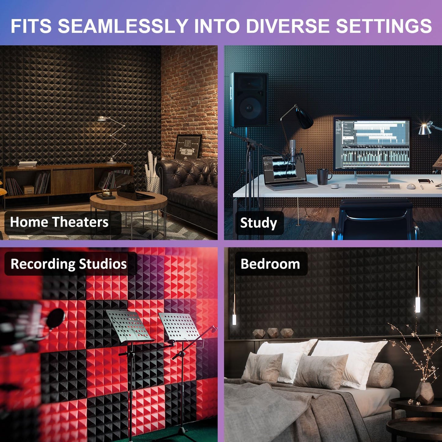 JBER Acoustic Sound Foam Panels, 24 Pack 5 x 30 x 30 cm Charcoal Soundproof Treatment Studio Wall Padding Sound Absorbing Fireproof Pyramids Black Wall Plate