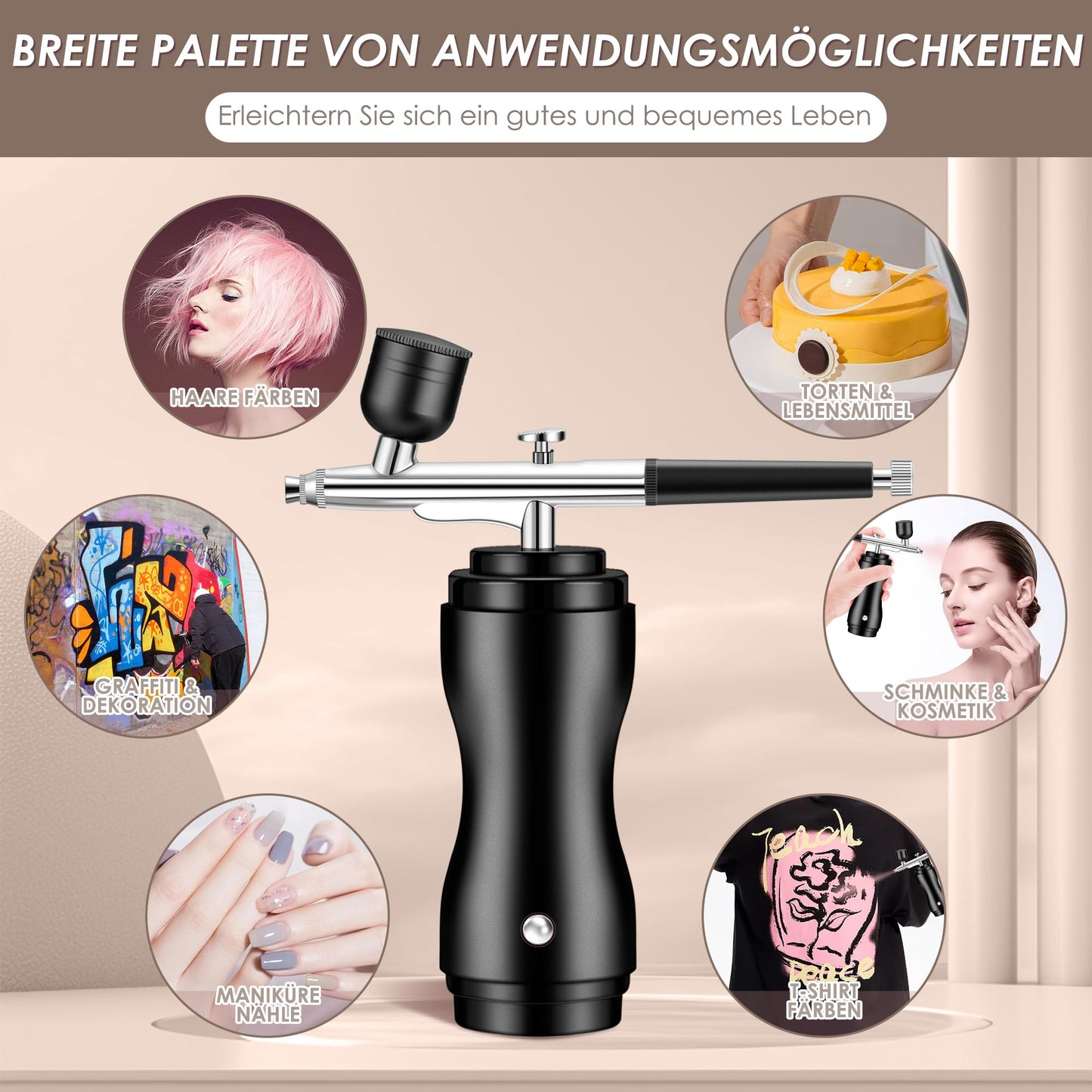 Airbrush kit with compressor, 48 PSI rechargeable, cordless airbrush set with 0.2/0.3/0.5mm nozzles for nail art, makeup, cake decorating, modeling, black.