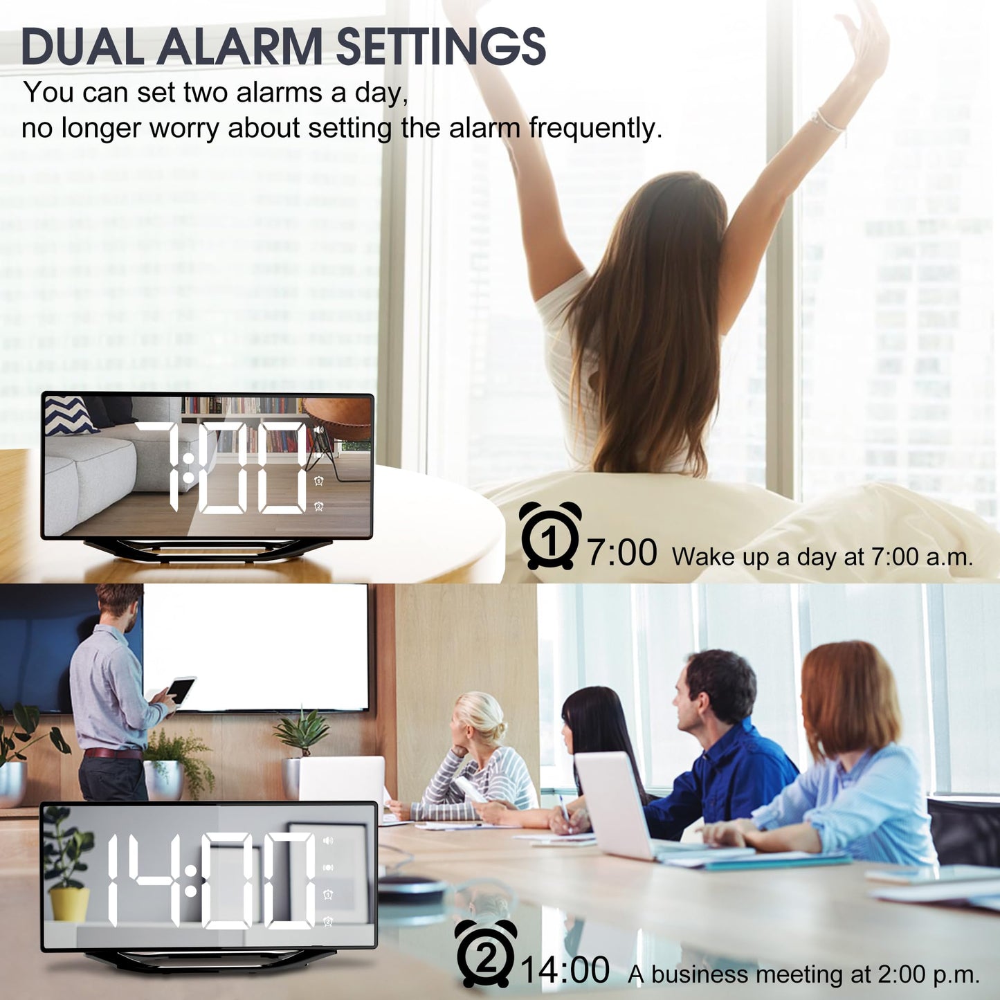 Loud alarm clock with bed shaker for heavy sleepers, digital dual alarm clock with vibration, 8.7'' LED mirror alarm clock for kids, teens, 7 volume levels and dimmer, battery backup, snooze, 12/24H-DST.