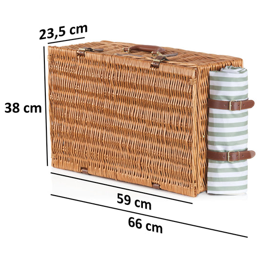 Campfire picnic basket for 4 people with 29-piece dish set and cooler compartment. Striped interior pattern, wicker basket with faux leather straps. Includes picnic bag and set.