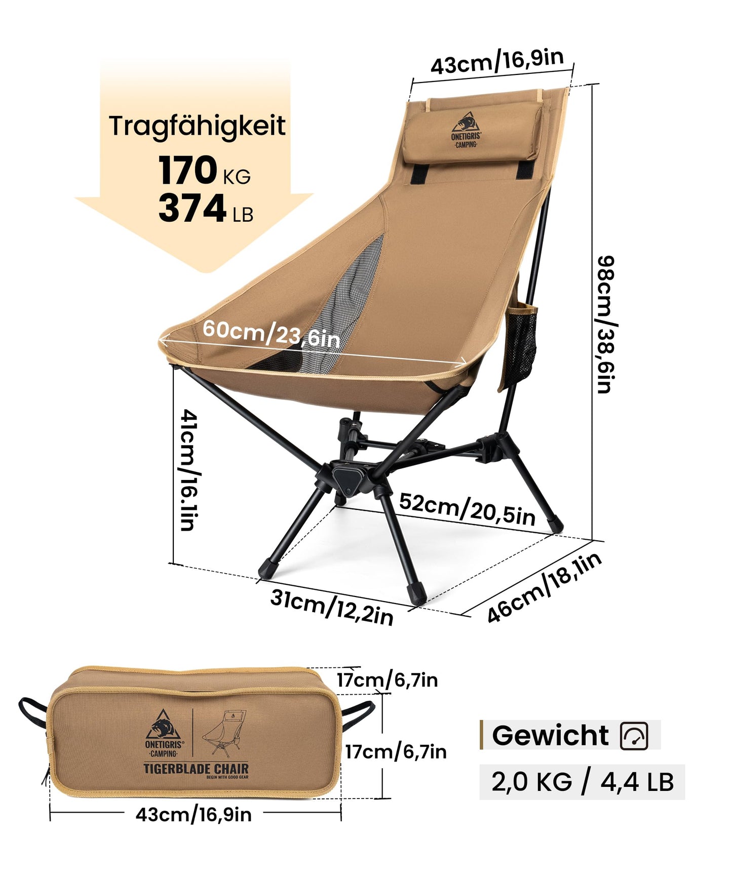 OneTigris TIGERBLADE camping chair high backrest foldable 170kg, folding camping chair light triangular frame, folding fishing chair with 2 side pockets, ultralight folding chair for outdoor, hiking (coyote brown)