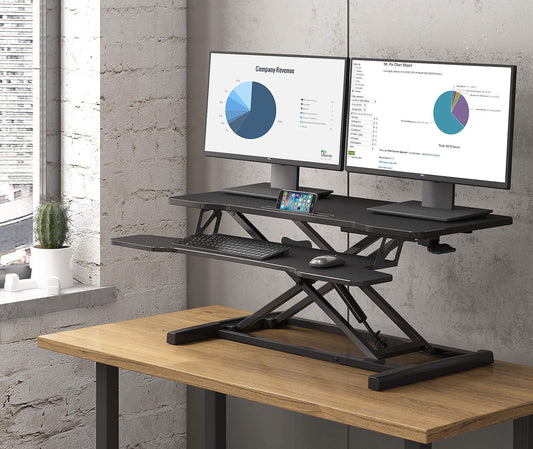 FITUEYES Adjustable Height Desk Riser Office Sit Stand Computer Desk 92 x 40 cm Standing Desk with Keyboard Tray Suitable for Two Monitors Black, SD309101WB