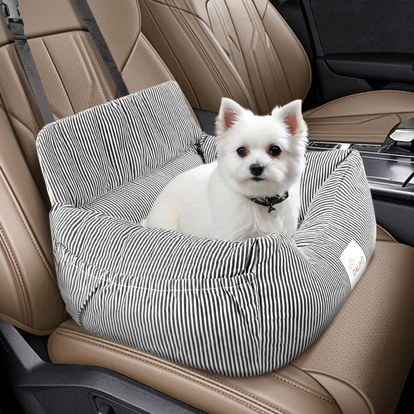 CALIYO dog car seat with sturdy base & safety belt | dog car seat for small up to 10 kg | memory foam seat cushion | waterproof, washable dog basket with storage bag (black/white)