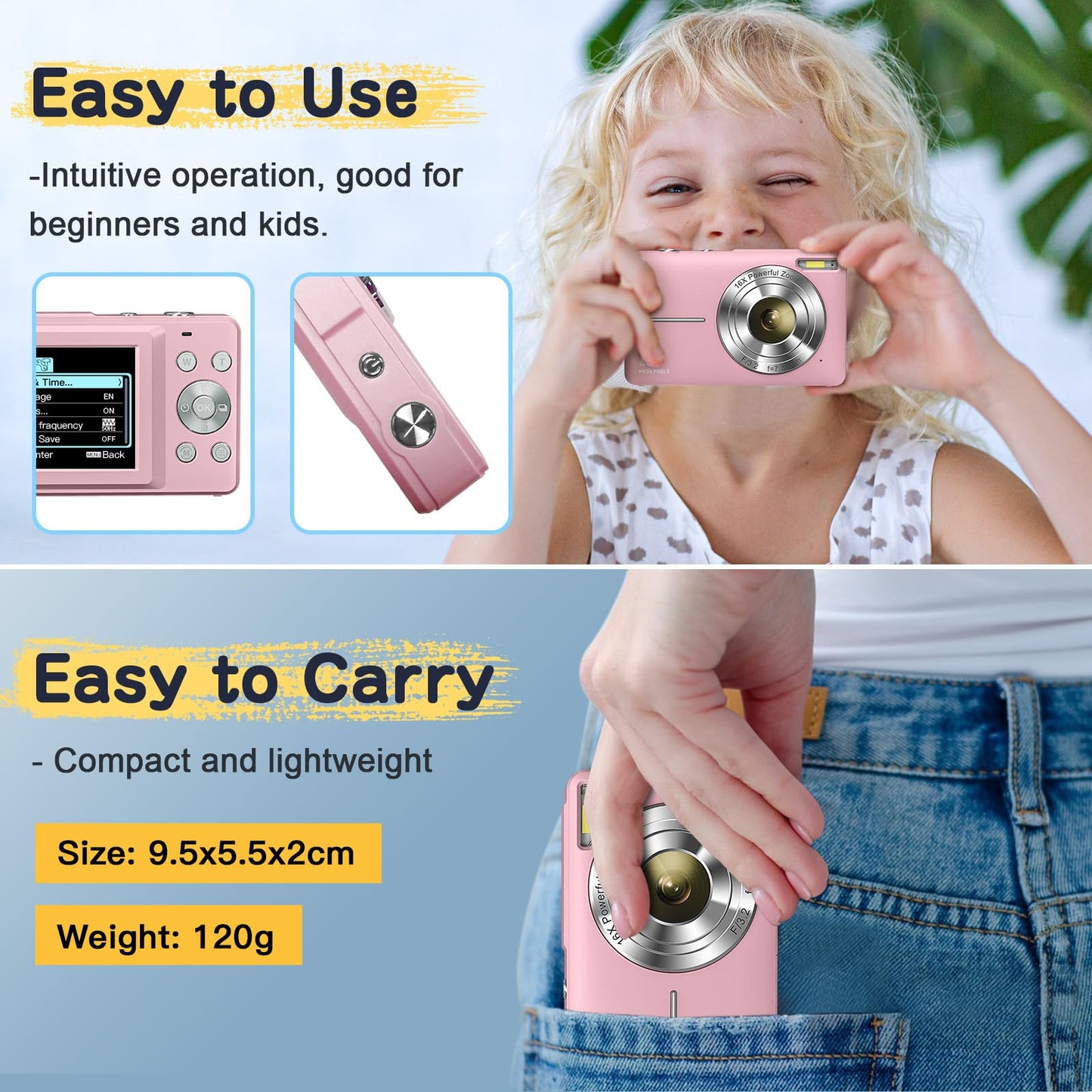 Digital camera 44MP FHD 1080p camera with 32G card. Photo camera with battery. Easy portable 16X digital zoom camera for kids, teens, students, seniors, beginners. (Pink)
