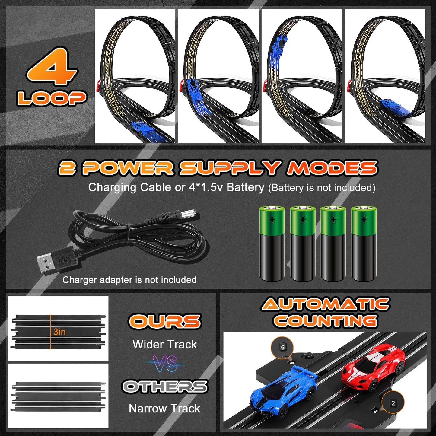 Race track Electric Slot Car Racing Set for Kids Boys Age 6 7 8-12, Battery Operated Electric Track for Kids 6-7, Racing Game 2 High-Speed Racing Cars 1:64 Scale
