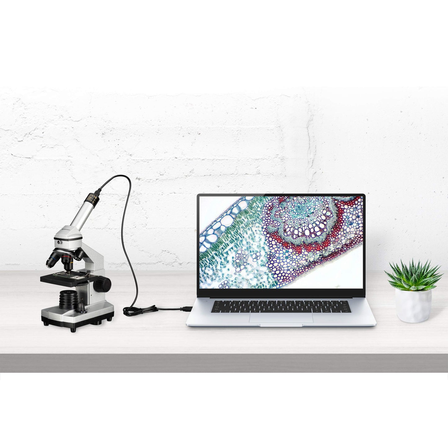Bresser Junior Microscope Set 40x-1024x with USB camera and bright LED illumination for transmitted light observations, includes comprehensive accessory package and sturdy hard-shell case.