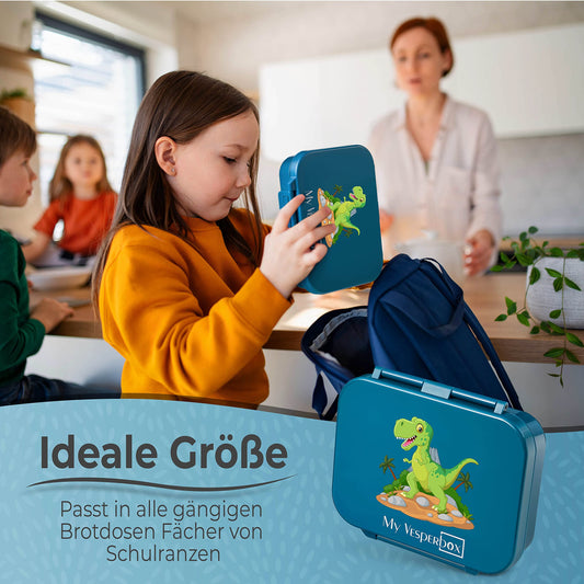 My Vesperbox - MINI BIA - Bento Box for Kids - NEW MODEL - more compact and lighter - Leakproof & BPA Free - Lunchbox - Snack box - for preschool and school (Petrol - T-Rex) 17x12.5x4.5cm