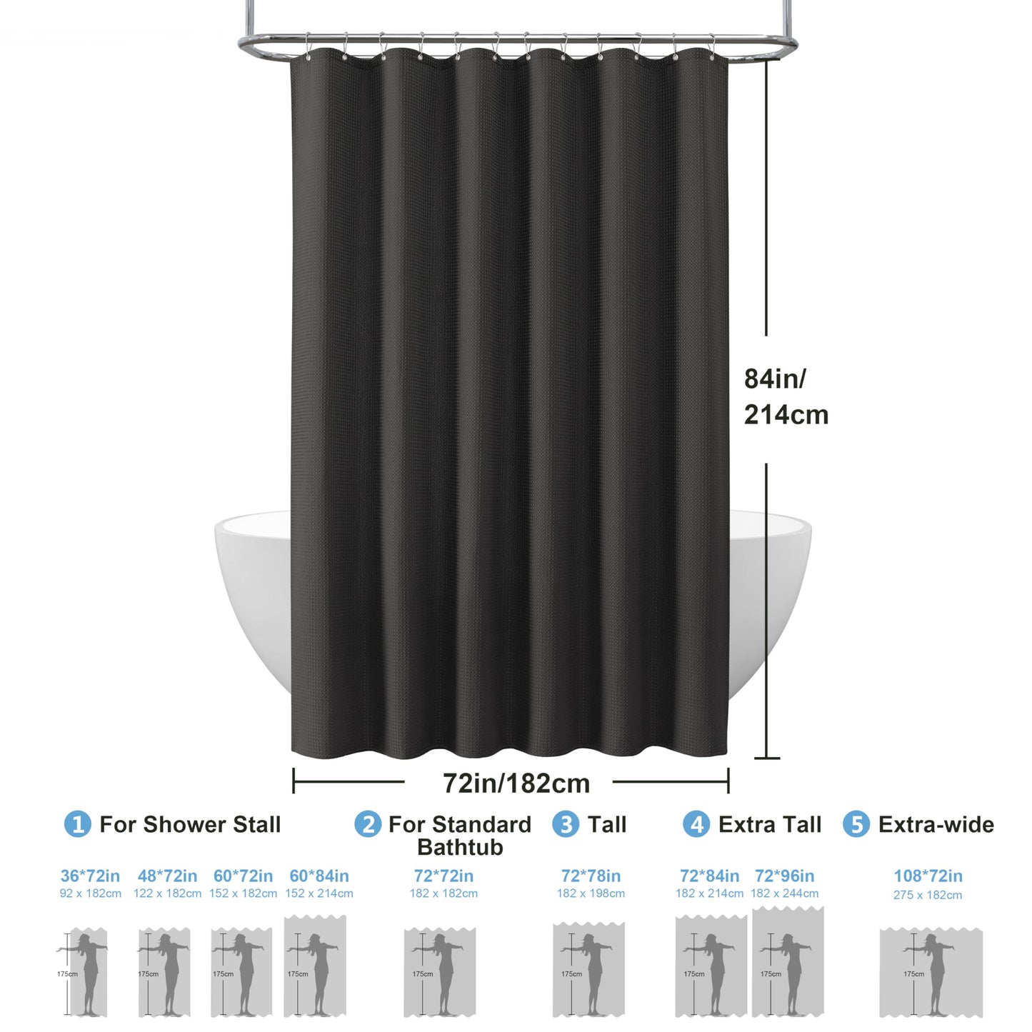 Waffle shower curtain with metal shower curtain rings fabric textile bathtub curtain anti mold bath curtain set waterproof bath curtain heavy shower curtain bathroom - 182 x 214cm (black)