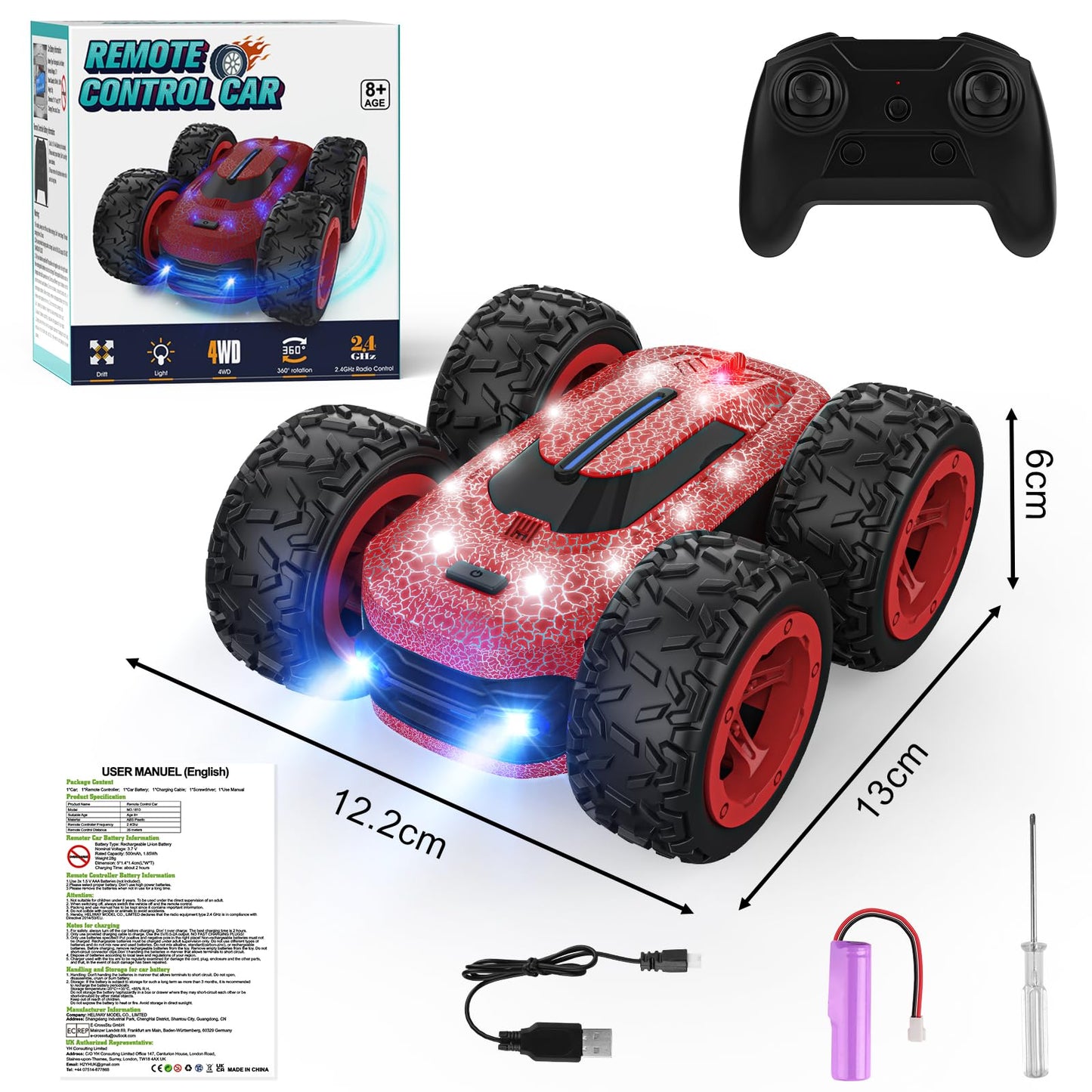Remote control car for kids aged 3-12 years. 4WD RC car with 2.4Ghz frequency, 360° LED lights, stunt drift capabilities. Perfect toy for indoor/outdoor play, great for Christmas or birthday gifts for boys and girls.
