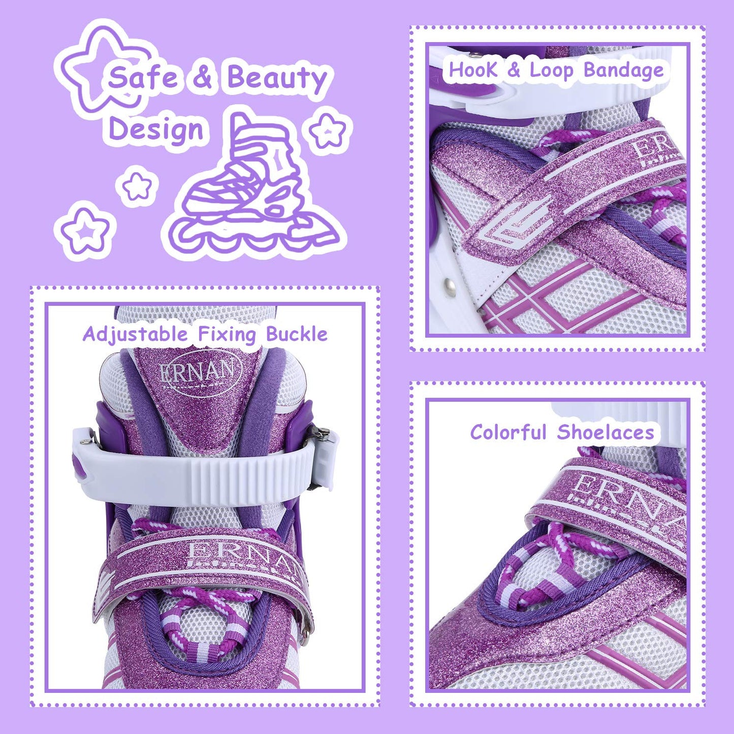 Girls' adjustable 4-size inline skates with all glowing wheels for kids girls (Purple, S (EU28-32))