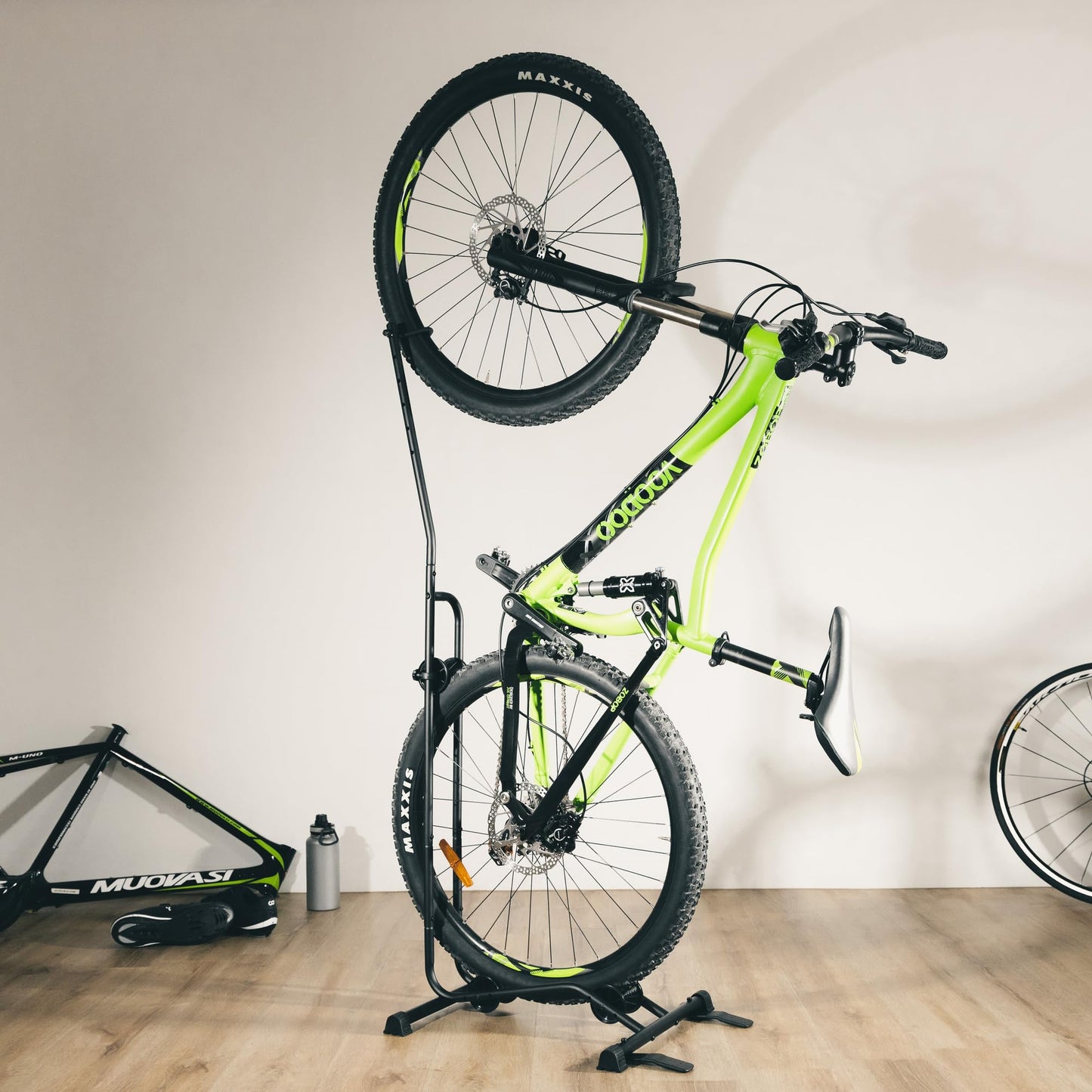 CyclingDeal Bike Stand - High quality adjustable vertical and horizontal bike rack - Safe and reliable storage for MTB and road bikes.